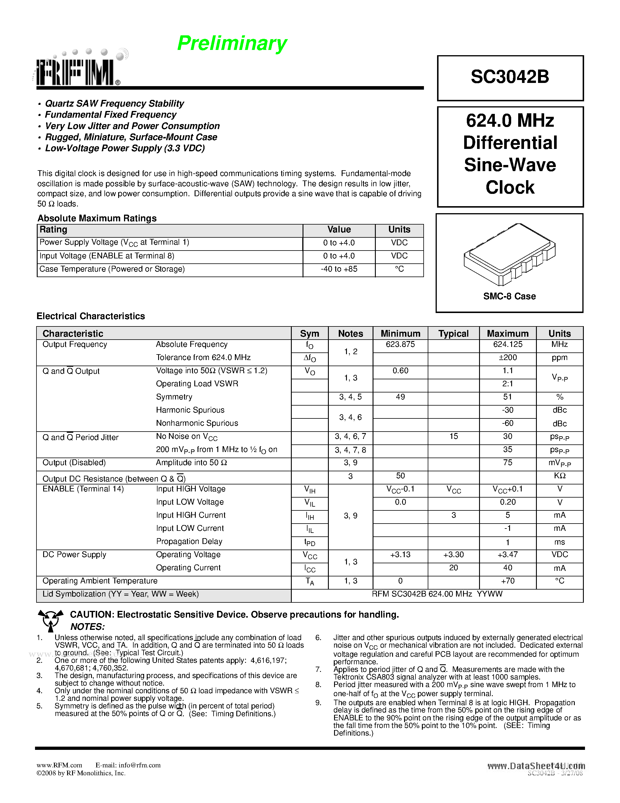 Datasheet SC3042B page 1 Datasheet SC3042B - 624.0 MHz Differential Sine-Wave Clock page 1