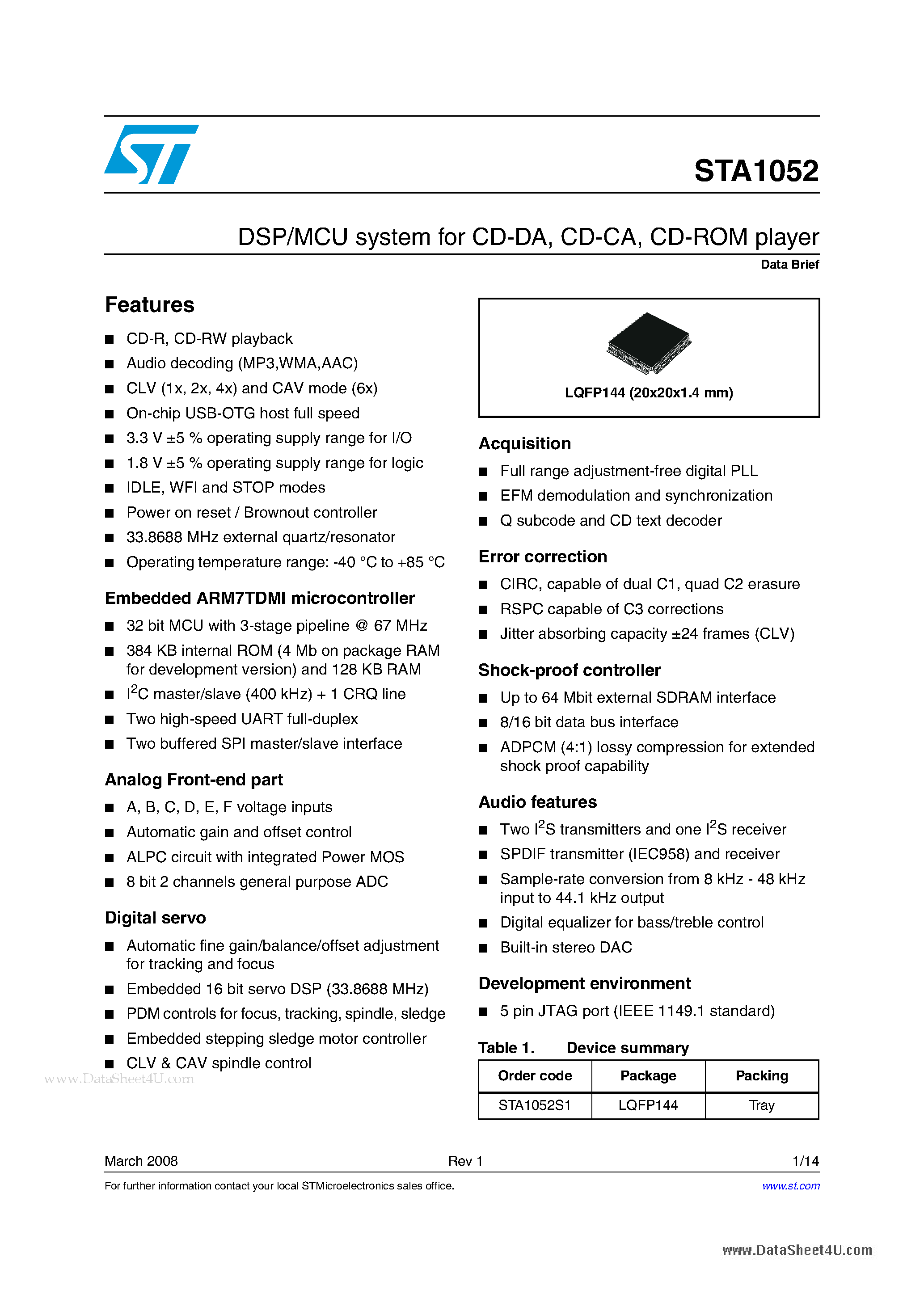 Datasheet STA1052 page 1 Datasheet STA1052 - DSP/MCU system page 1