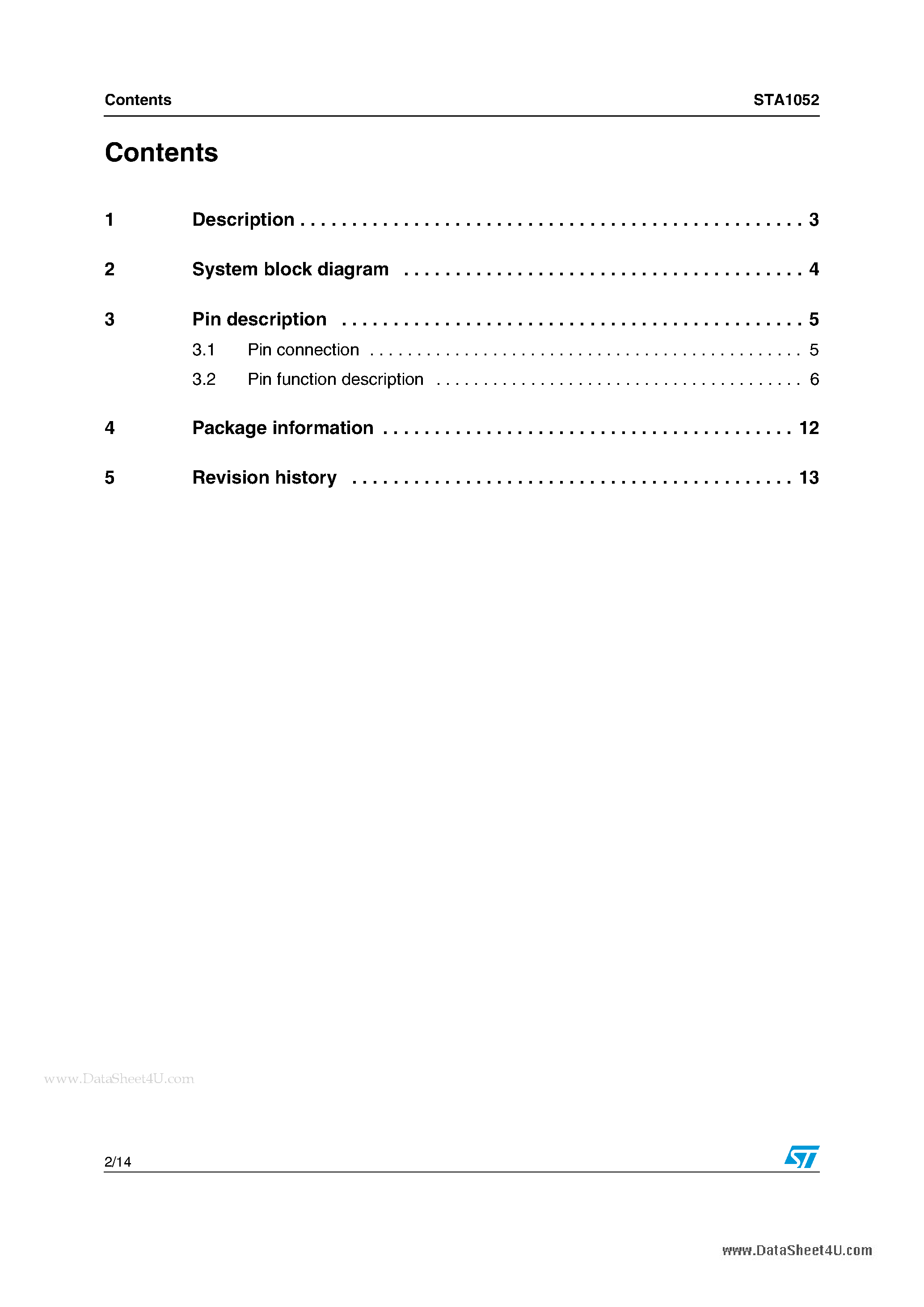 Datasheet STA1052 page 2 Datasheet STA1052 - DSP/MCU system page 2