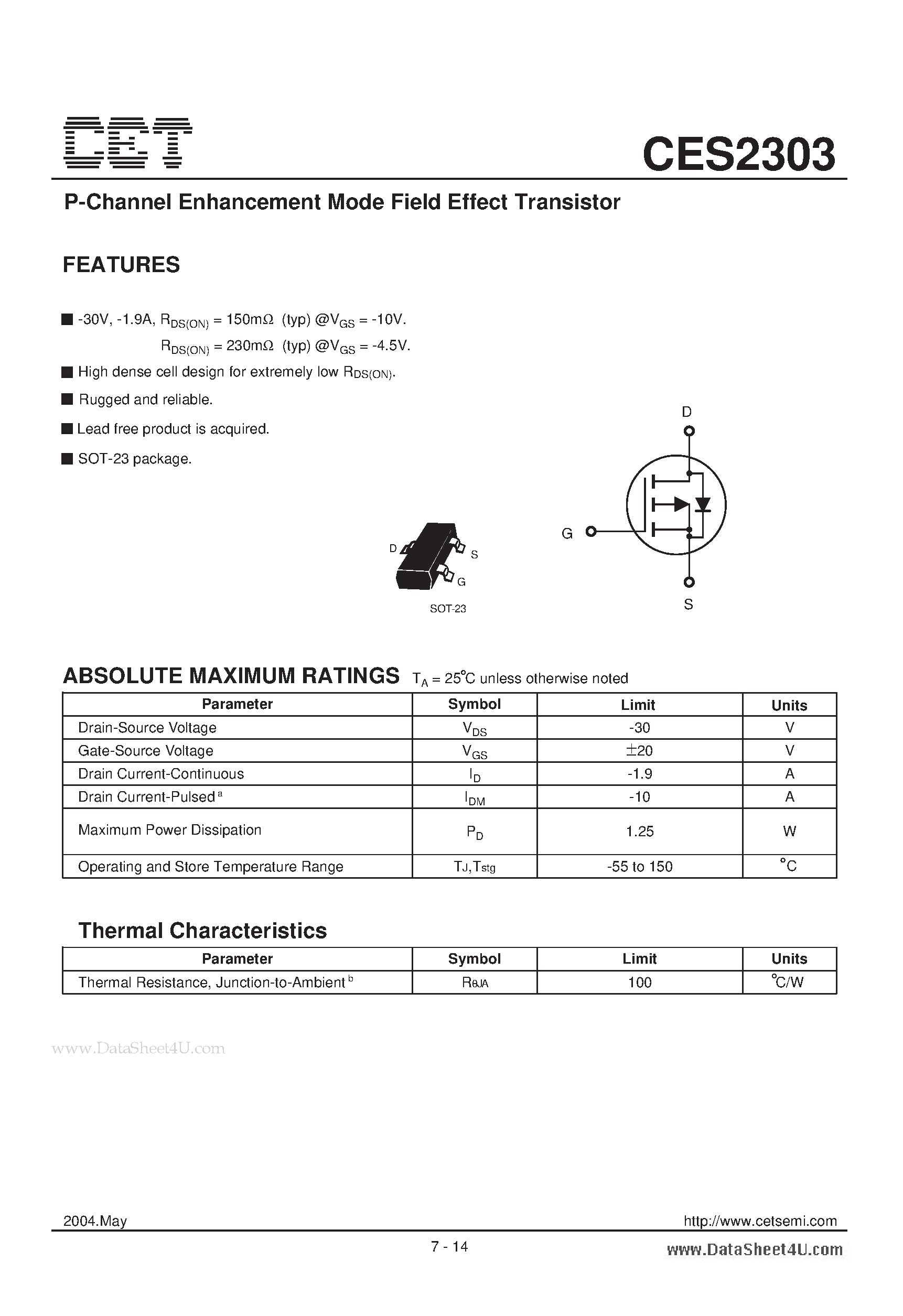 Datasheet CES2303 - P-Channel Enhancement Mode Field Effect Transistor page 1