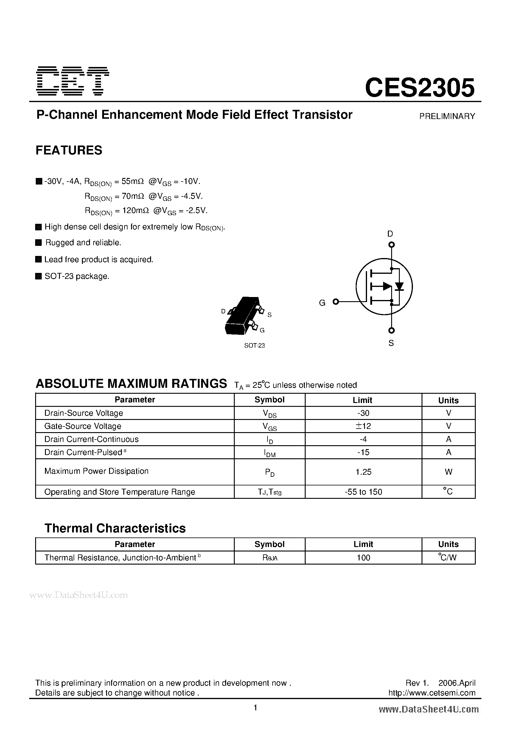 Datasheet CES2305 - P-Channel Enhancement Mode Field Effect Transistor page 1
