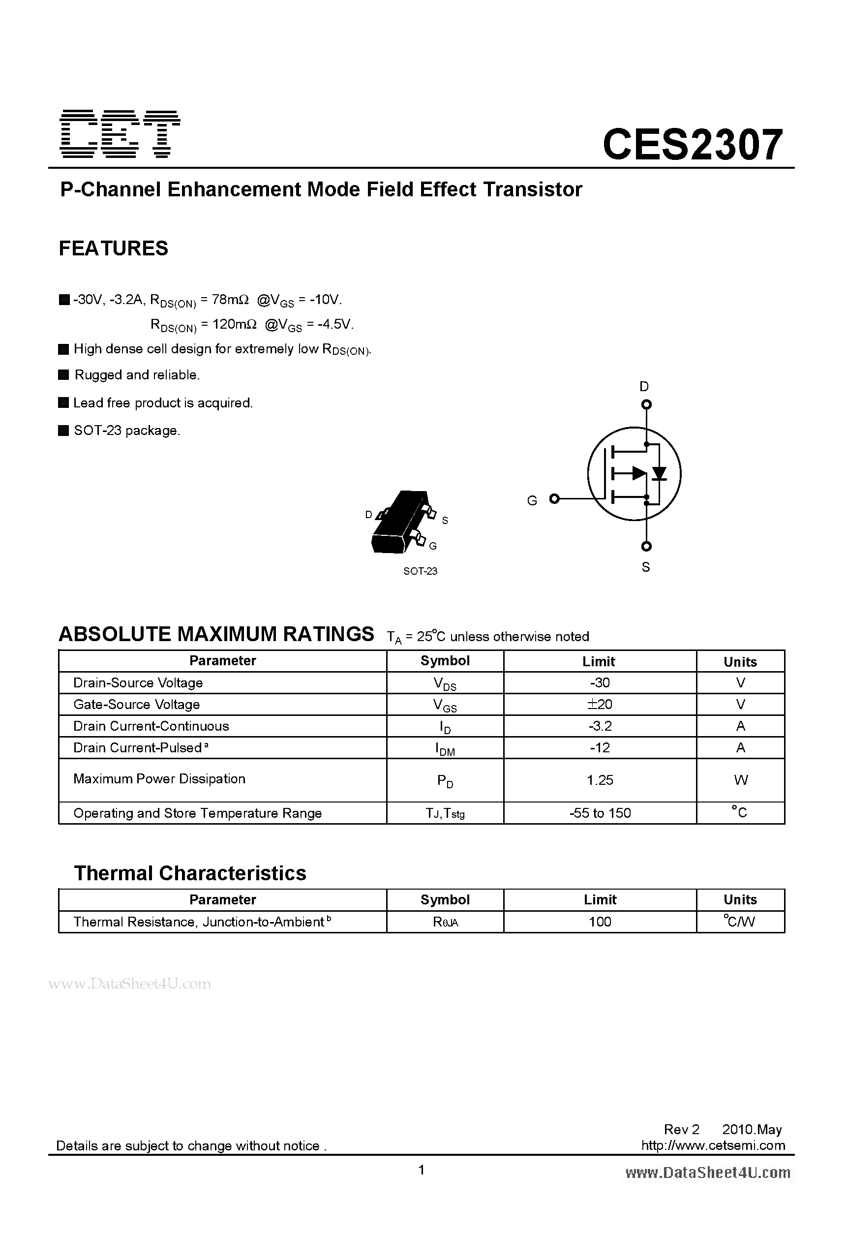 Datasheet CES2307 - P-Channel Enhancement Mode Field Effect Transistor page 1