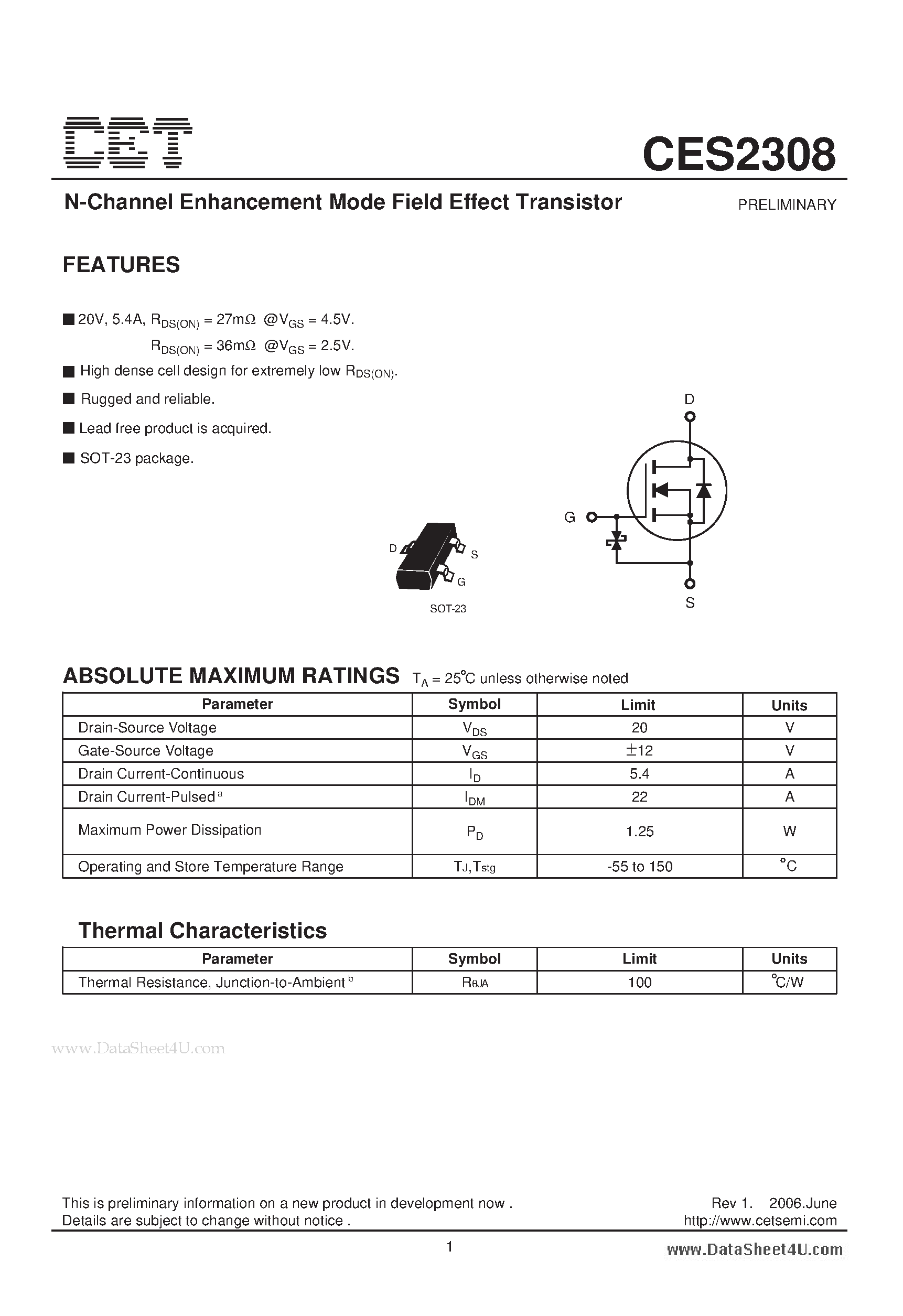 Datasheet CES2308 - N-Channel Enhancement Mode Field Effect Transistor page 1