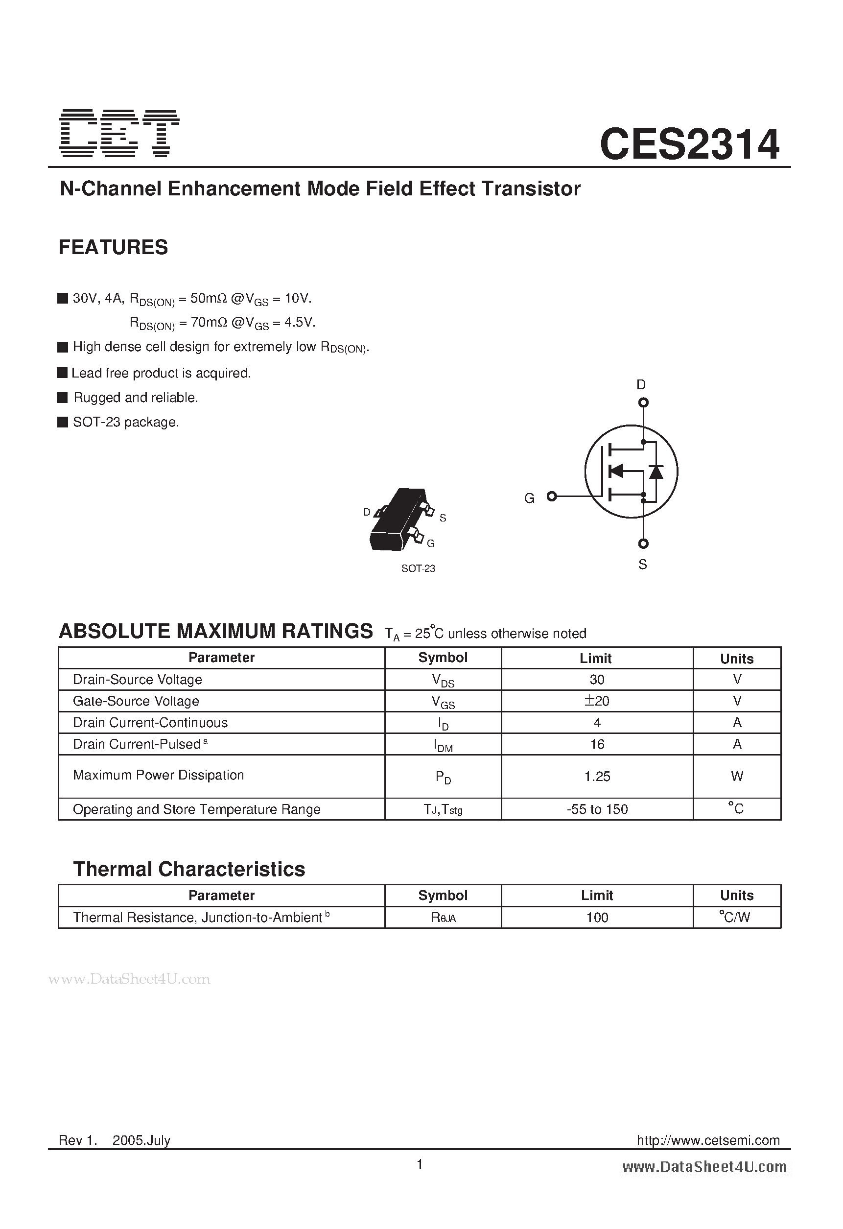 Datasheet CES2314 - N-Channel Enhancement Mode Field Effect Transistor page 1