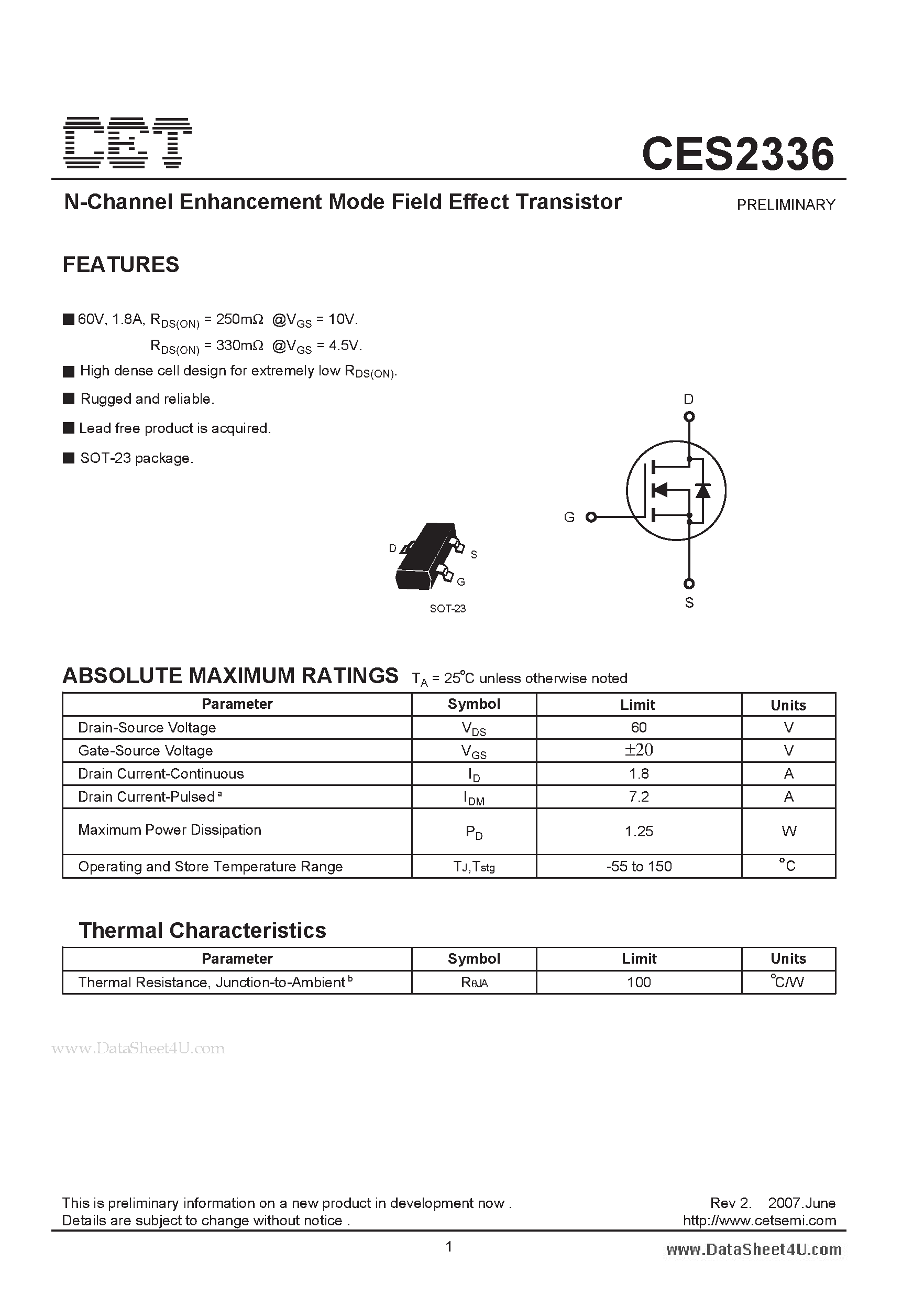 Datasheet CES2336 - N-Channel Enhancement Mode Field Effect Transistor page 1