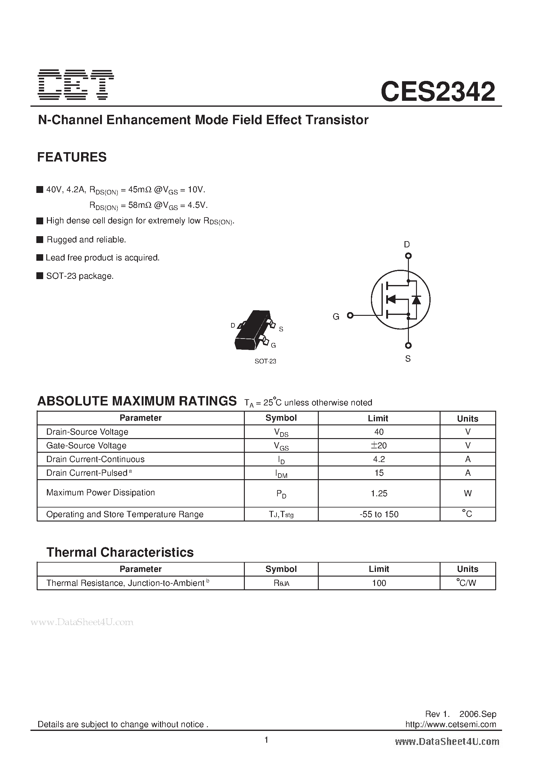 Datasheet CES2342 - N-Channel Enhancement Mode Field Effect Transistor page 1