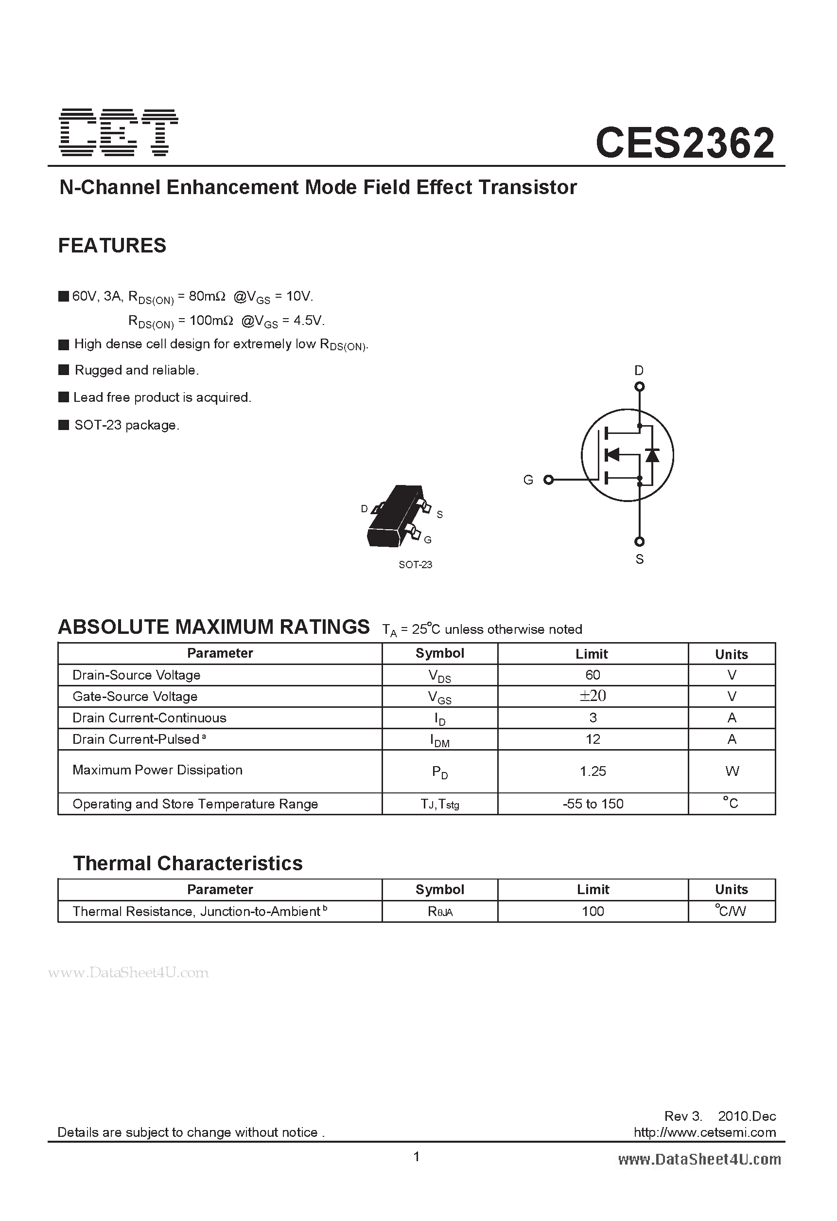 Datasheet CES2362 - N-Channel Enhancement Mode Field Effect Transistor page 1