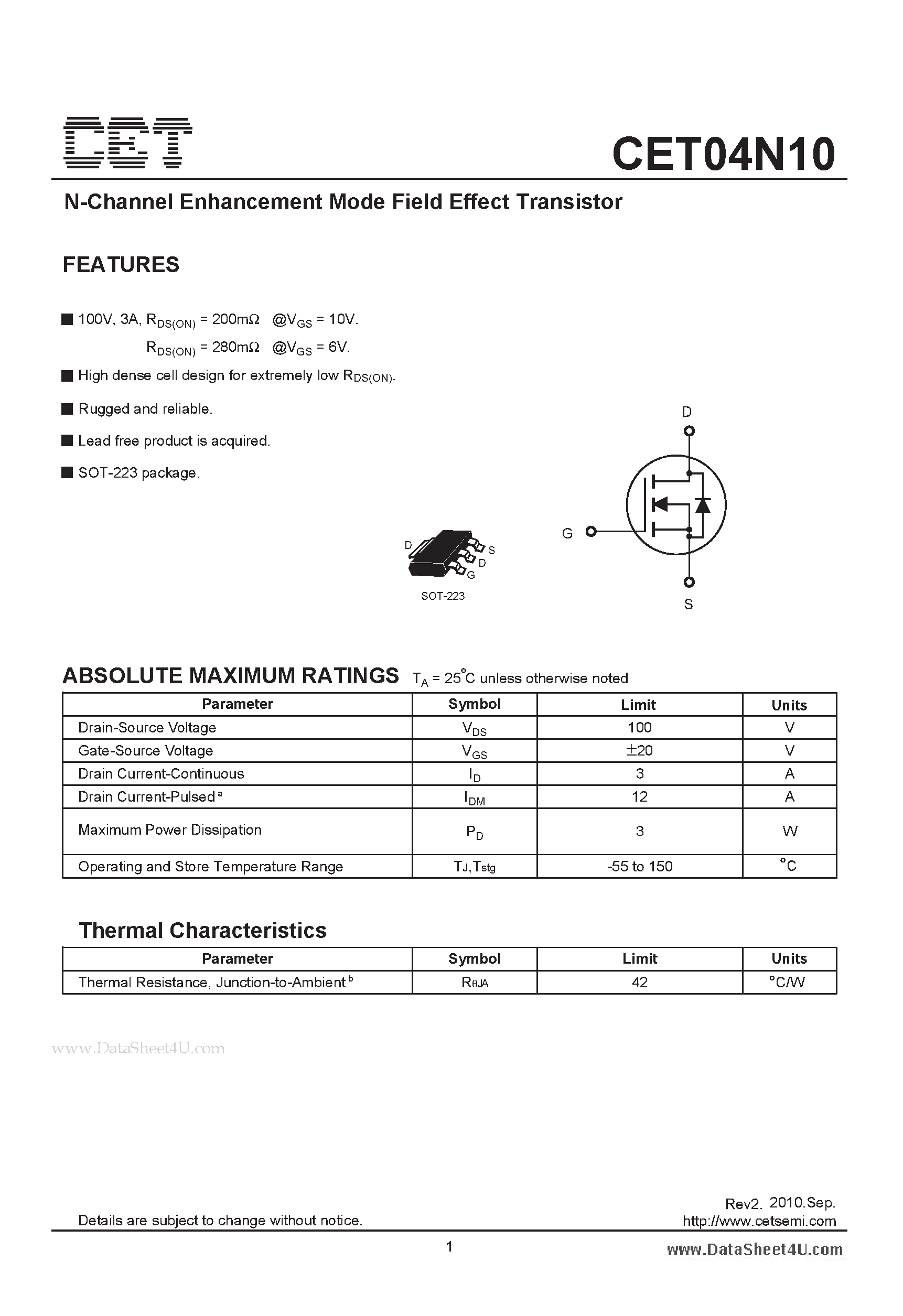 Datasheet CET04N10 - N-Channel Enhancement Mode Field Effect Transistor page 1