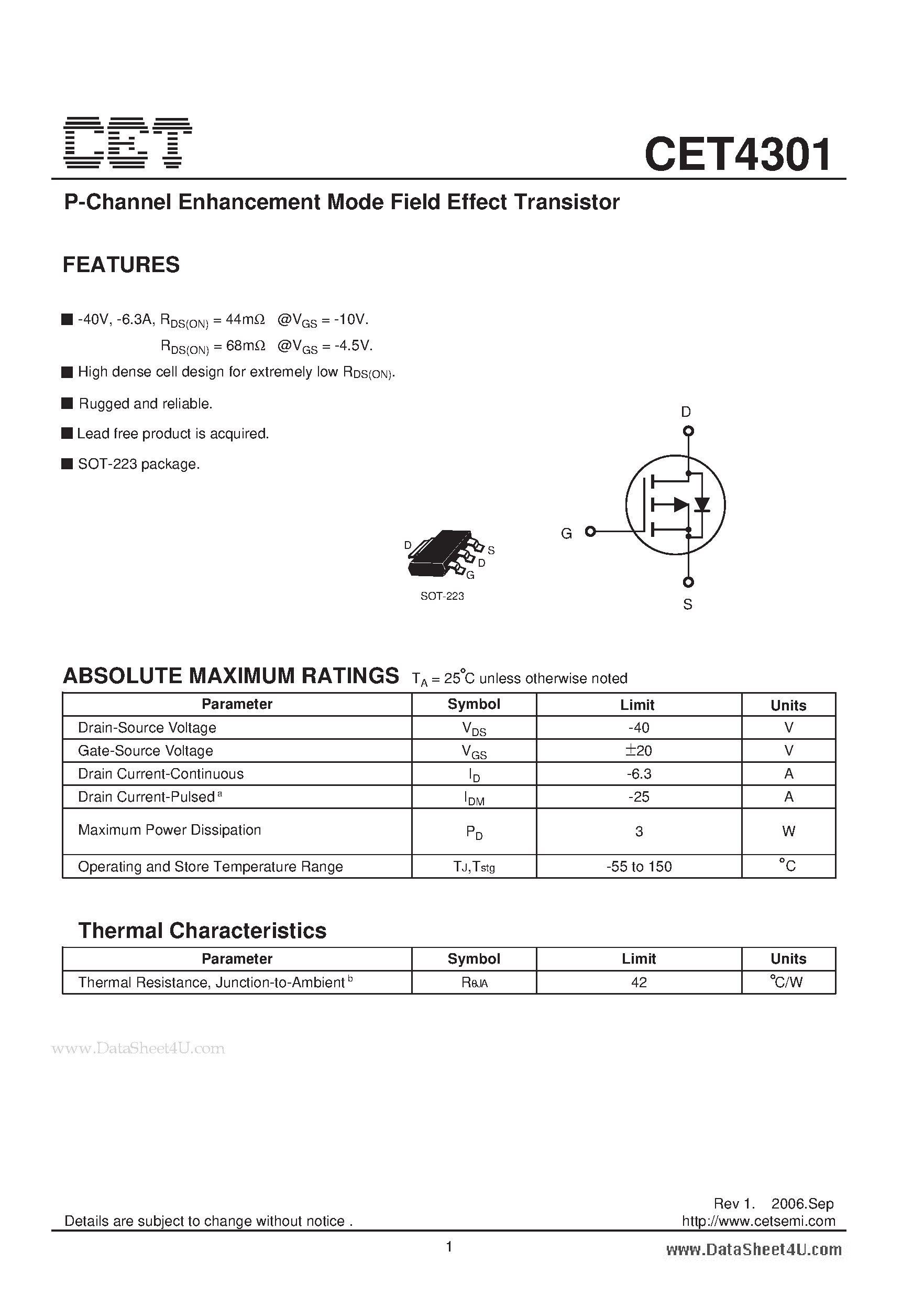 Datasheet CET4301 - P-Channel Enhancement Mode Field Effect Transistor page 1