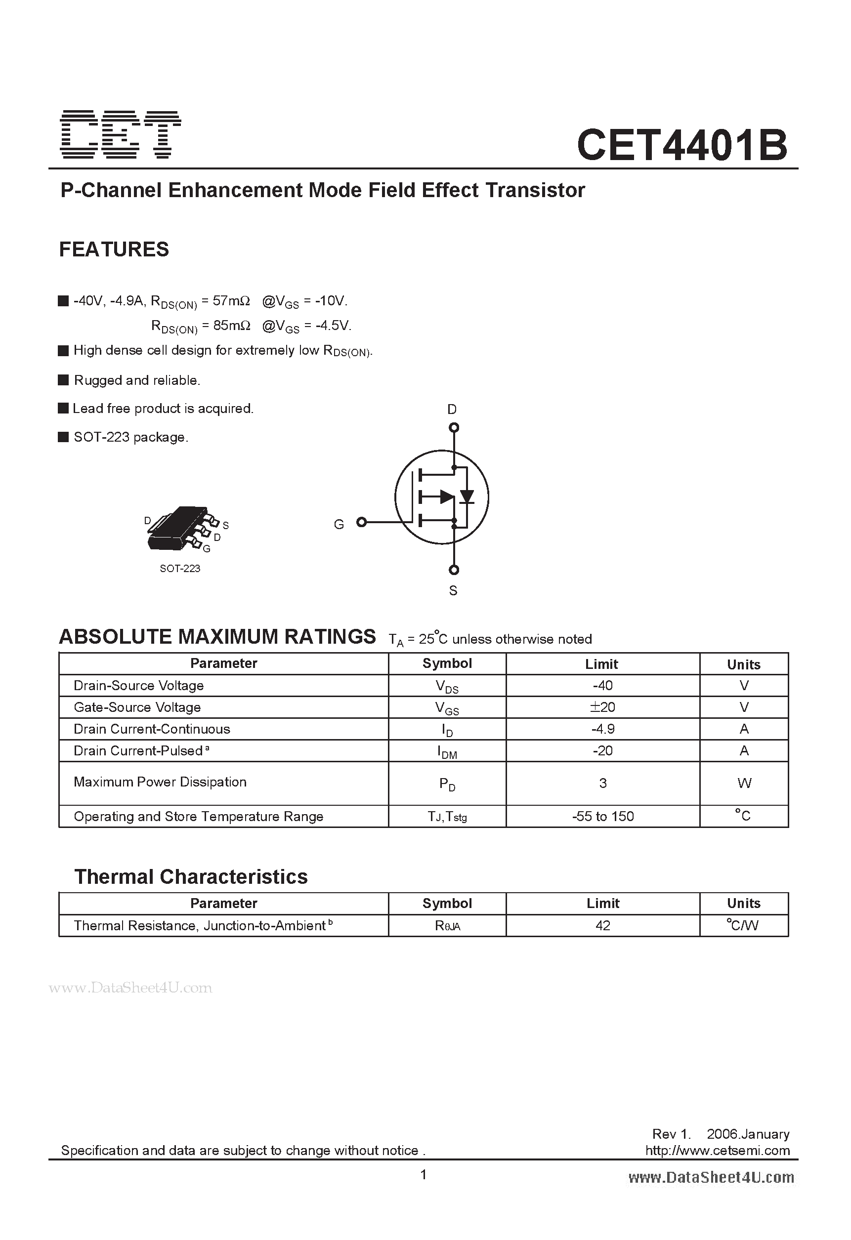 Datasheet CET4401B - P-Channel Enhancement Mode Field Effect Transistor page 1