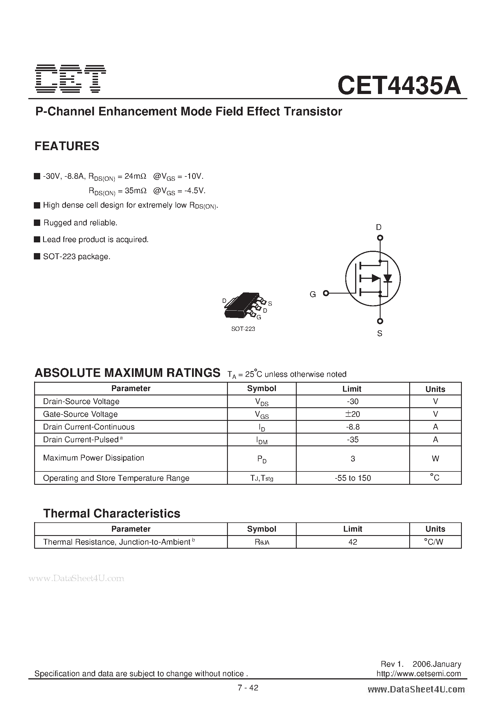 Datasheet CET4435A - P-Channel Enhancement Mode Field Effect Transistor page 1