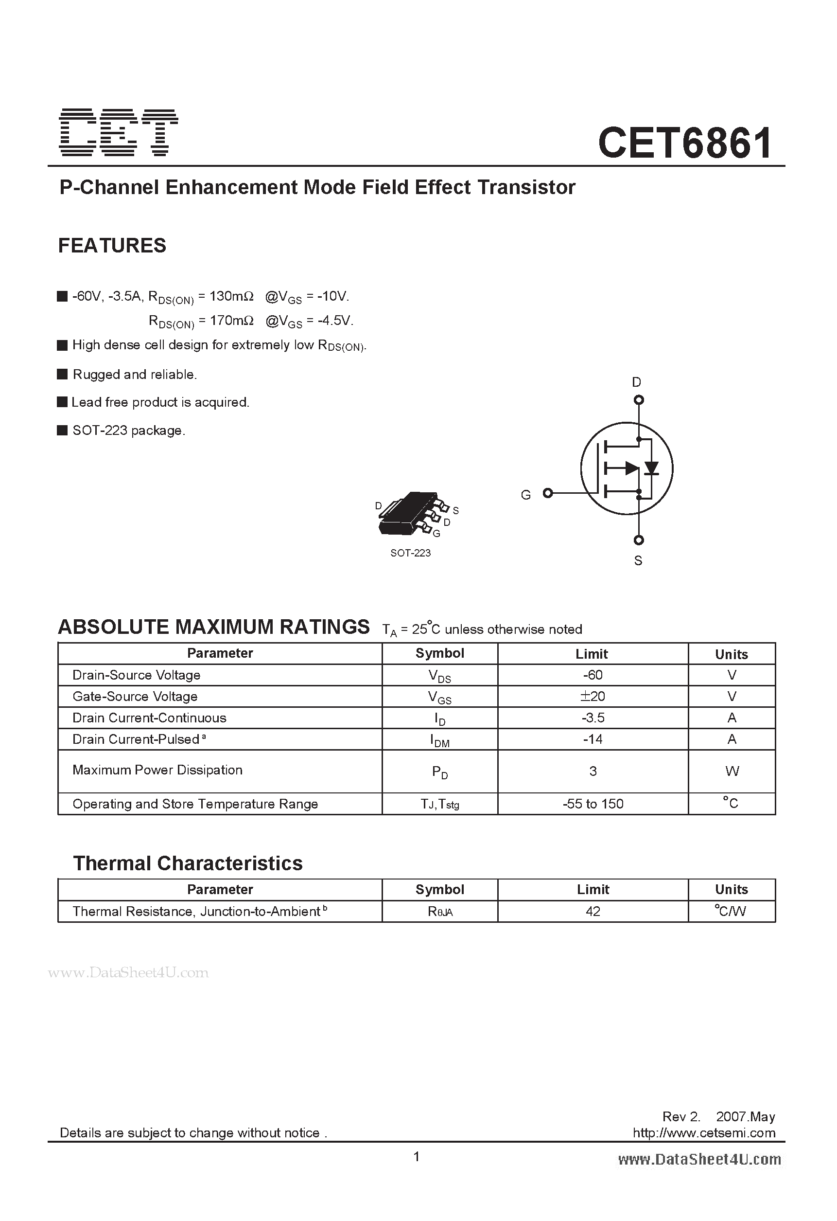 Datasheet CET6861 - P-Channel Enhancement Mode Field Effect Transistor page 1
