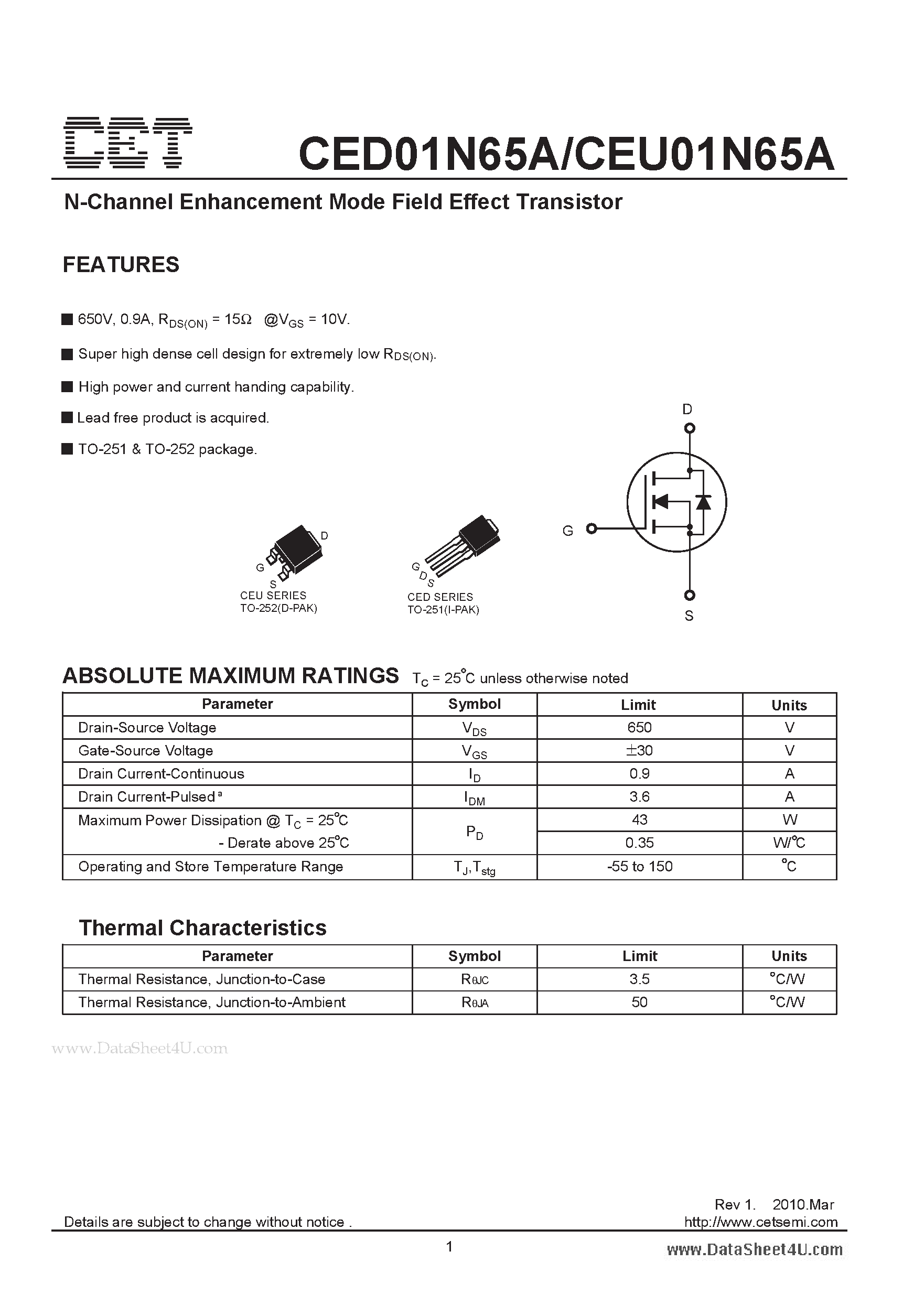 Datasheet CED01N65A - N-Channel Enhancement Mode Field Effect Transistor page 1