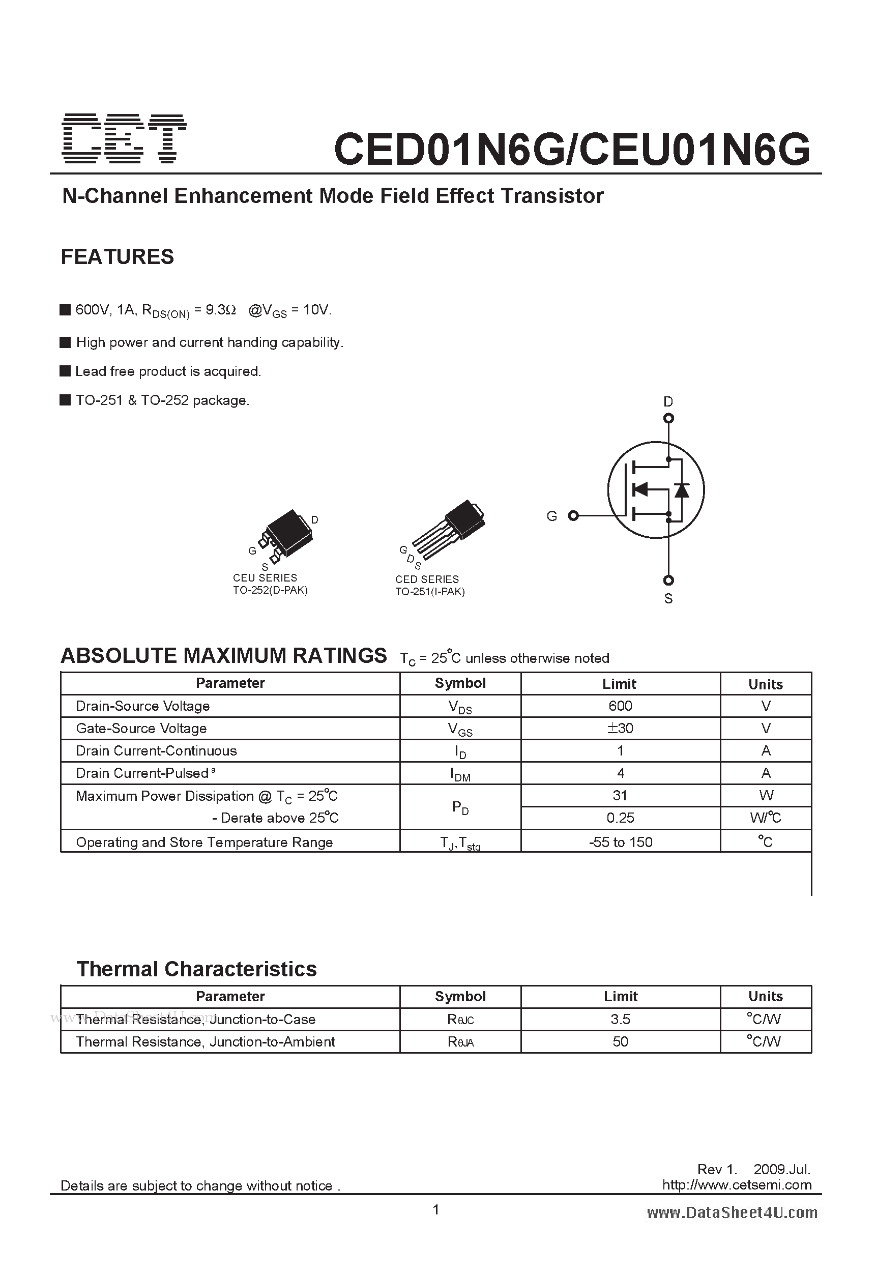 Datasheet CEU01N6G - N-Channel Enhancement Mode Field Effect Transistor page 1