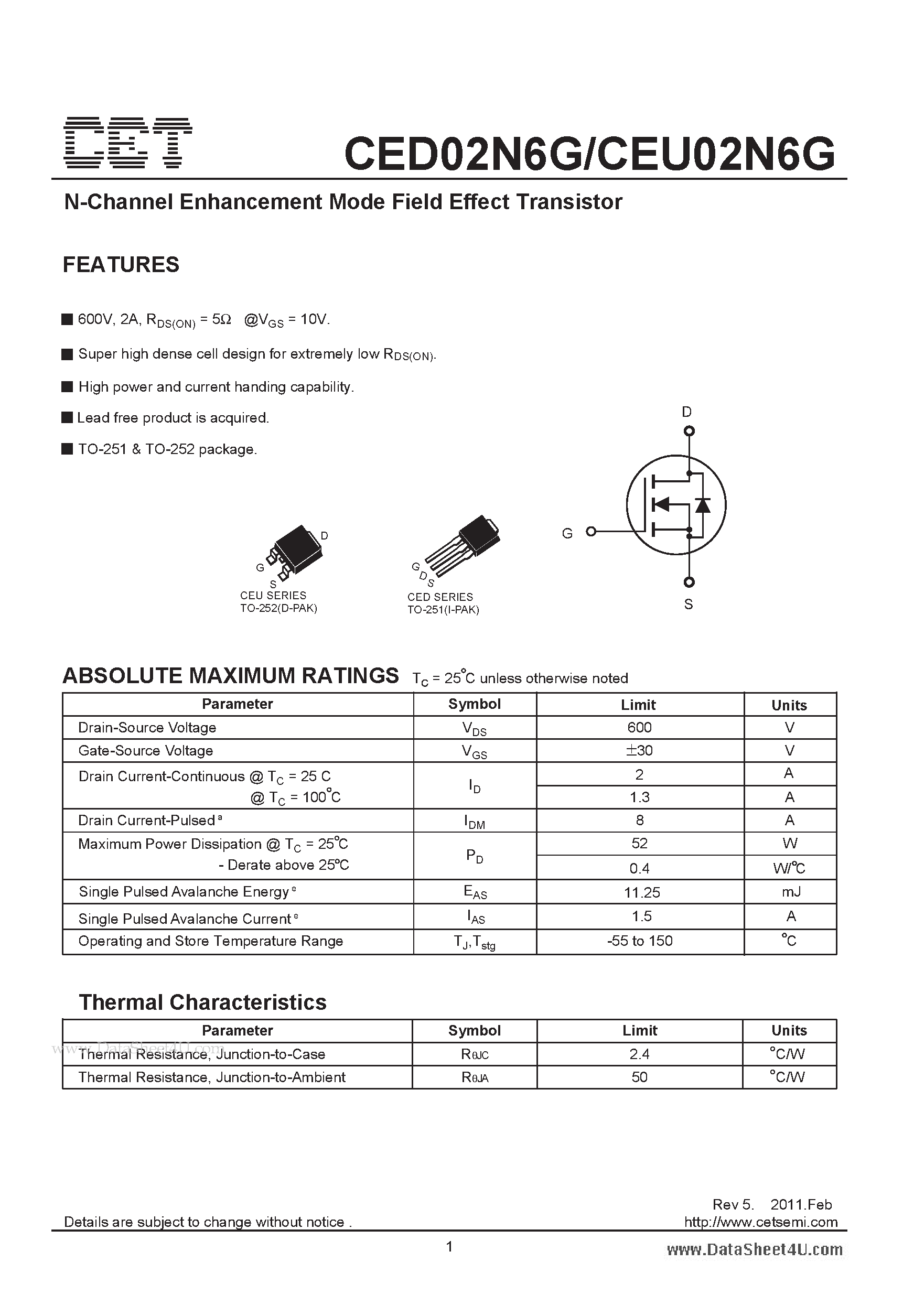 Datasheet CEU02N6G - N-Channel Enhancement Mode Field Effect Transistor page 1