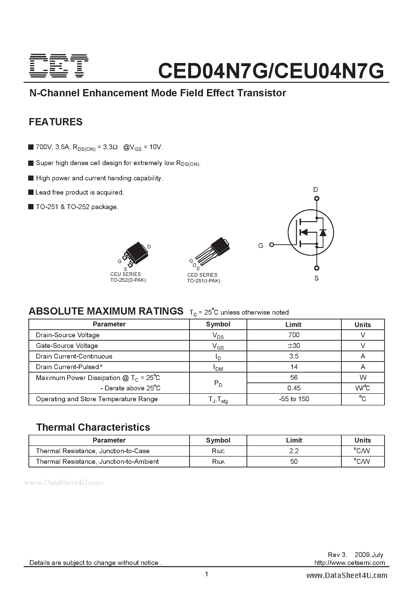 Datasheet CEU04N7G - N-Channel Enhancement Mode Field Effect Transistor page 1