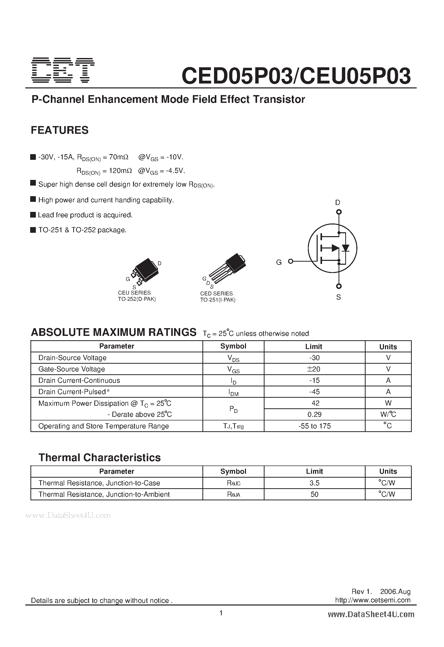 Datasheet CEU05P03 - P-Channel Enhancement Mode Field Effect Transistor page 1