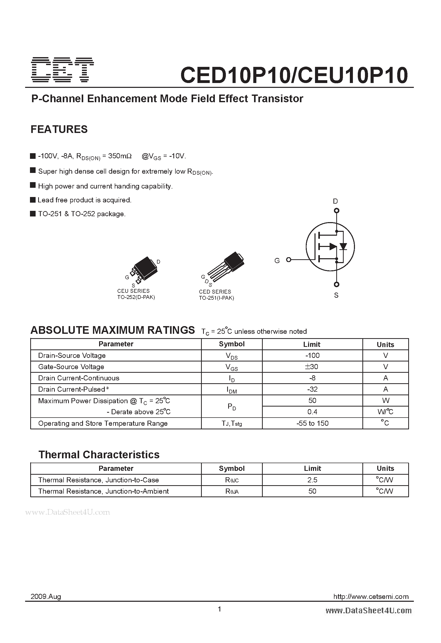 Datasheet CEU10P10 - P-Channel Enhancement Mode Field Effect Transistor page 1
