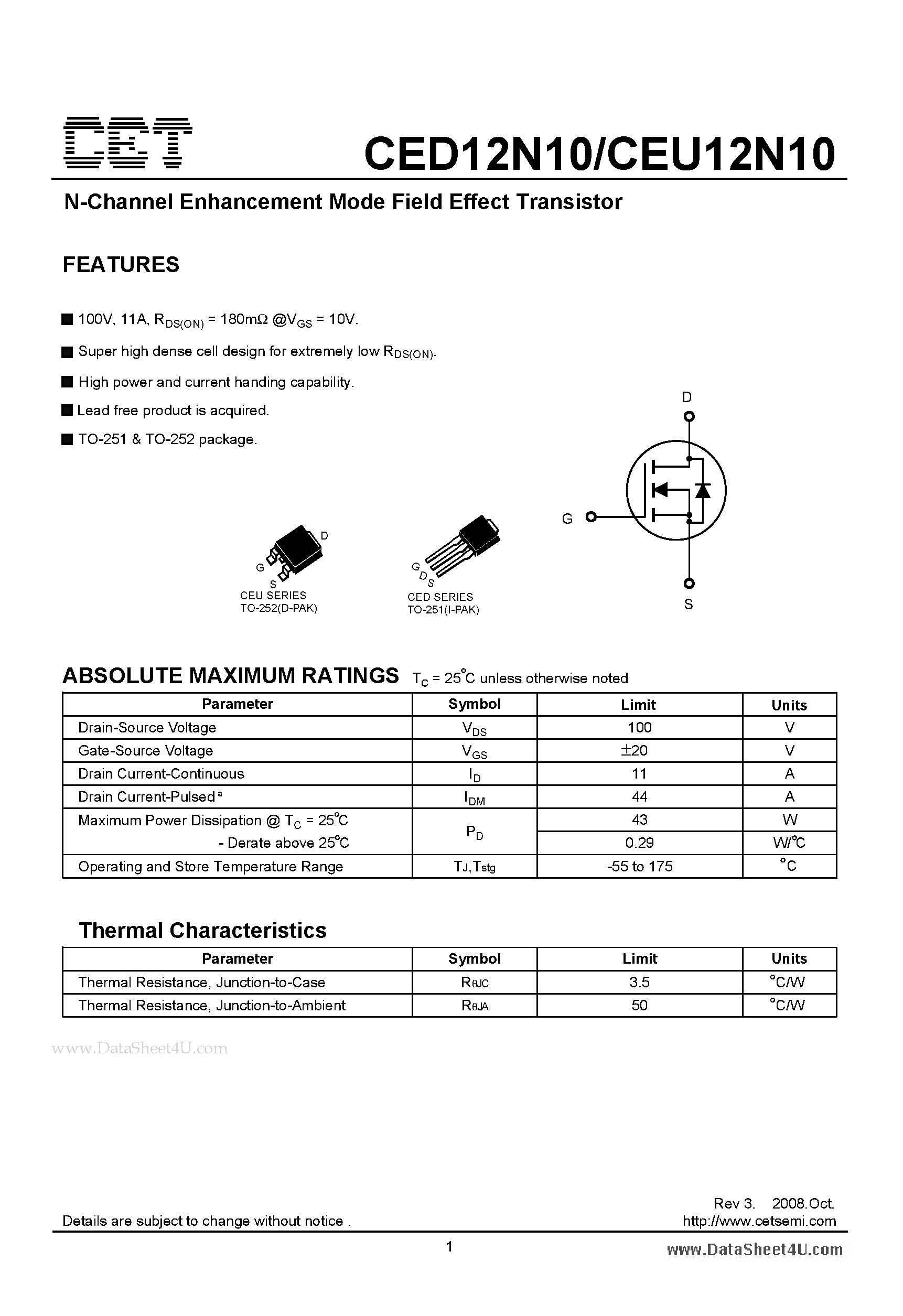 Datasheet CEU12N10 - N-Channel Enhancement Mode Field Effect Transistor page 1