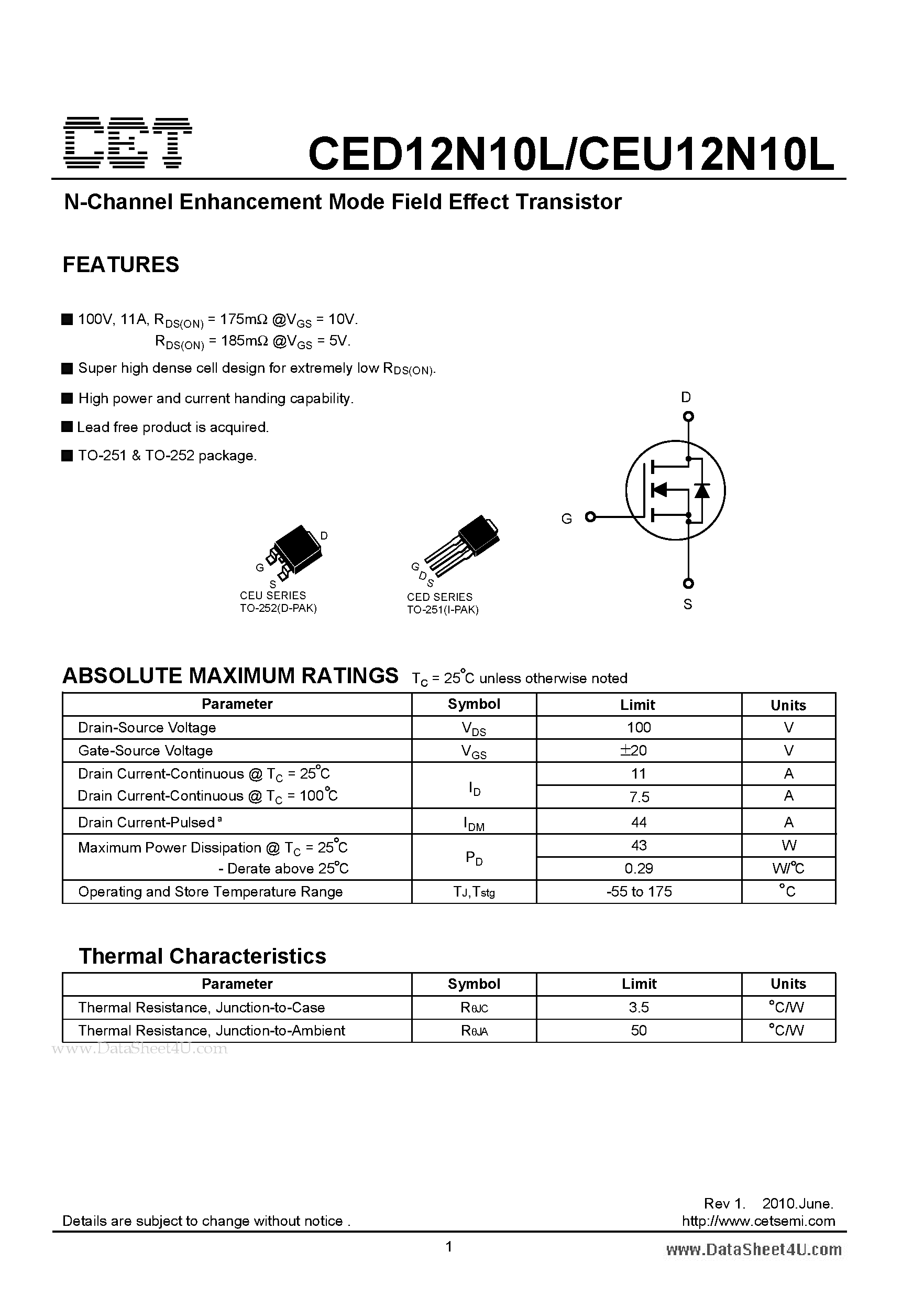 Datasheet CED12N10L - N-Channel Enhancement Mode Field Effect Transistor page 1