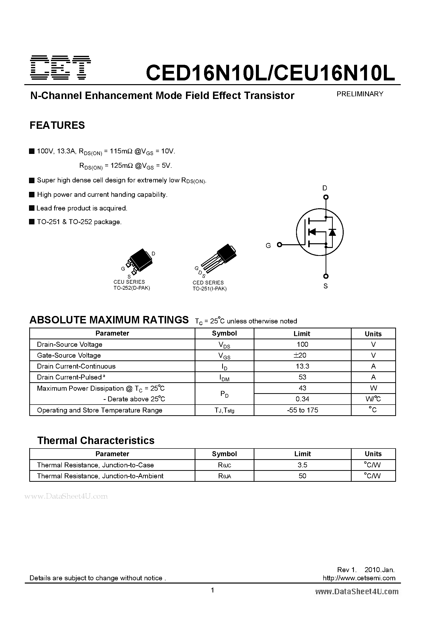 Datasheet CEU16N10L - N-Channel Enhancement Mode Field Effect Transistor page 1