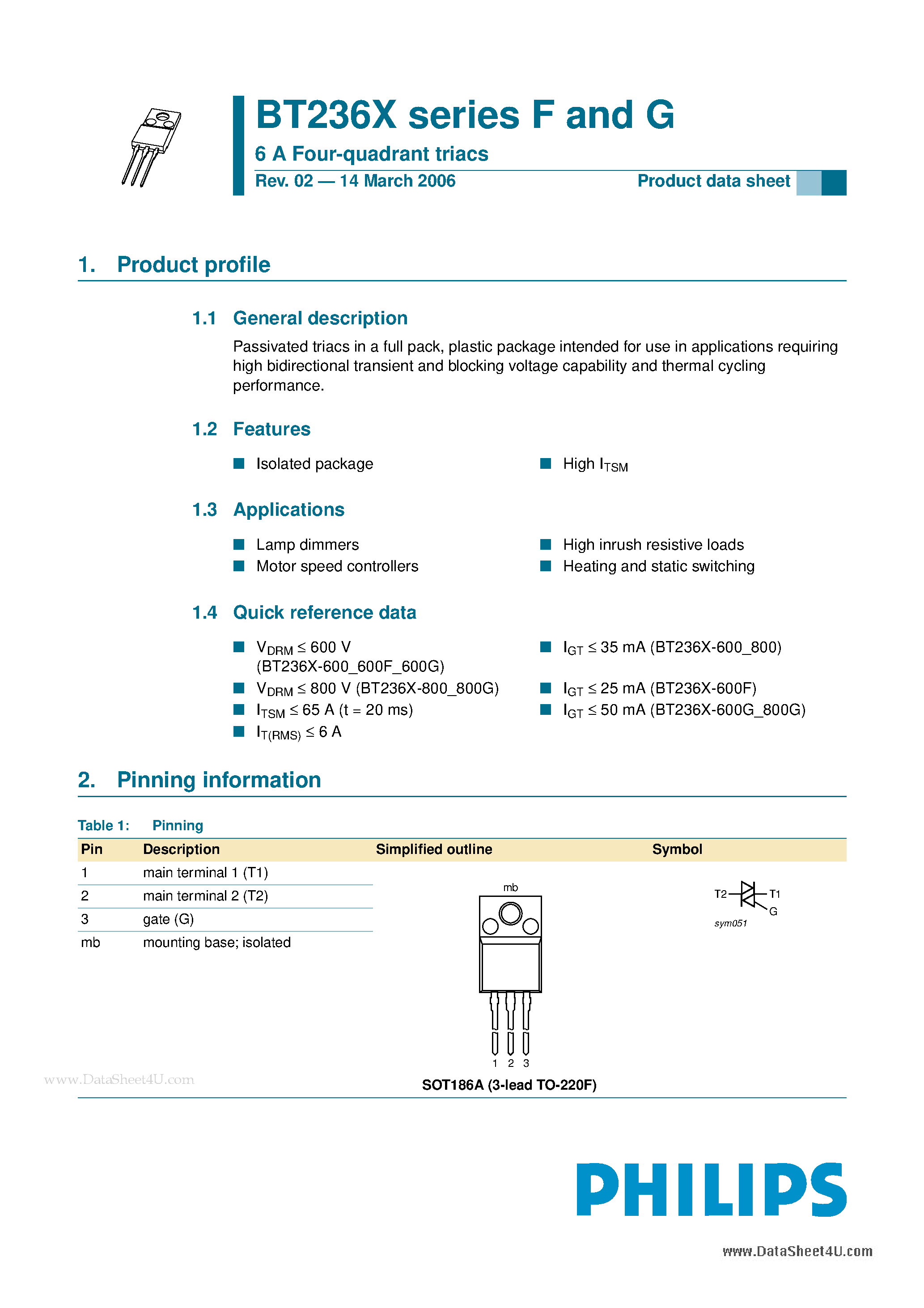Datasheet BT236X - 6A Four-quadrant triacs page 1