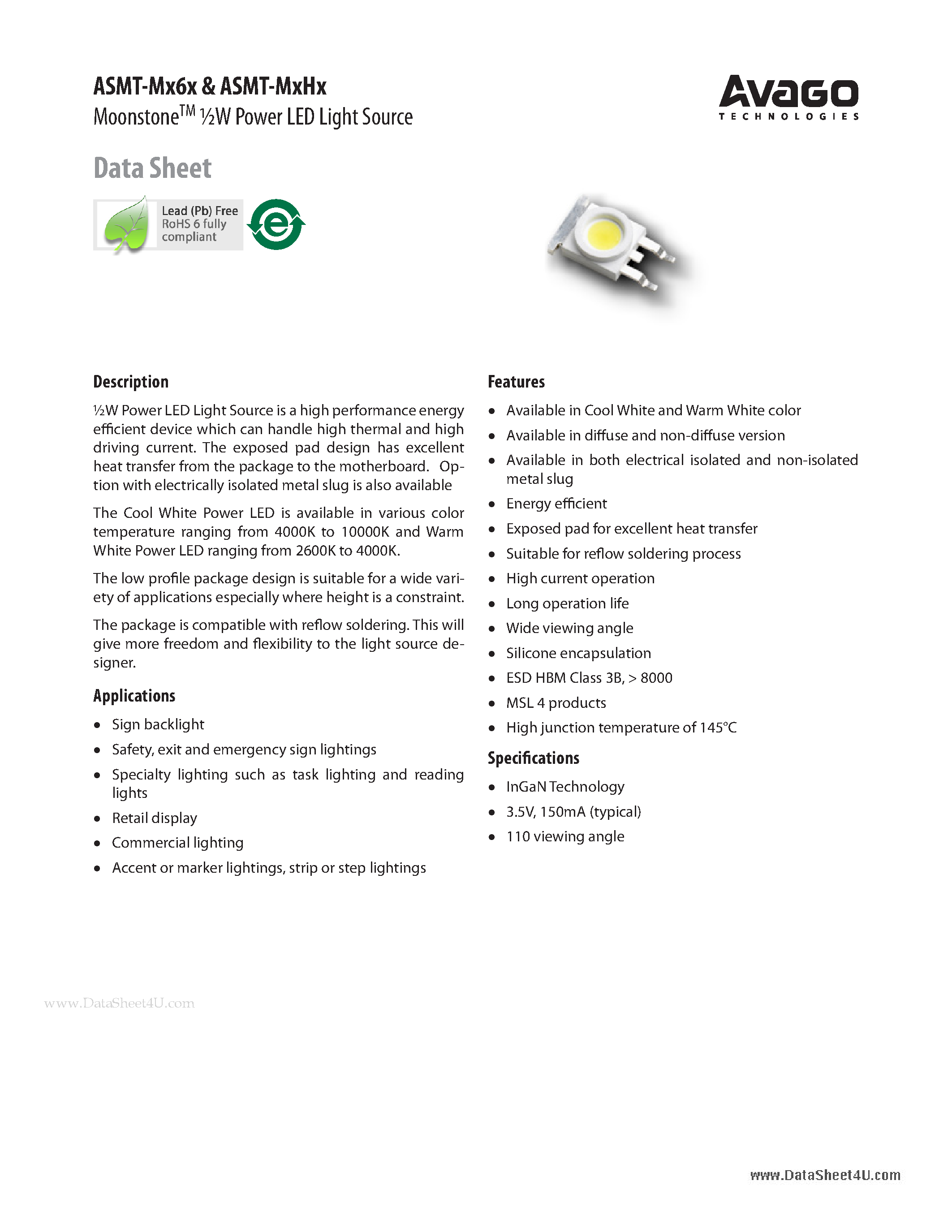 Даташит на микросхему ASMT-MW60 страница 1 Даташит ASMT-MW60 - (ASMT-Mx6x) MoonstoneTM 1/2W Power LED Light Source страница 1