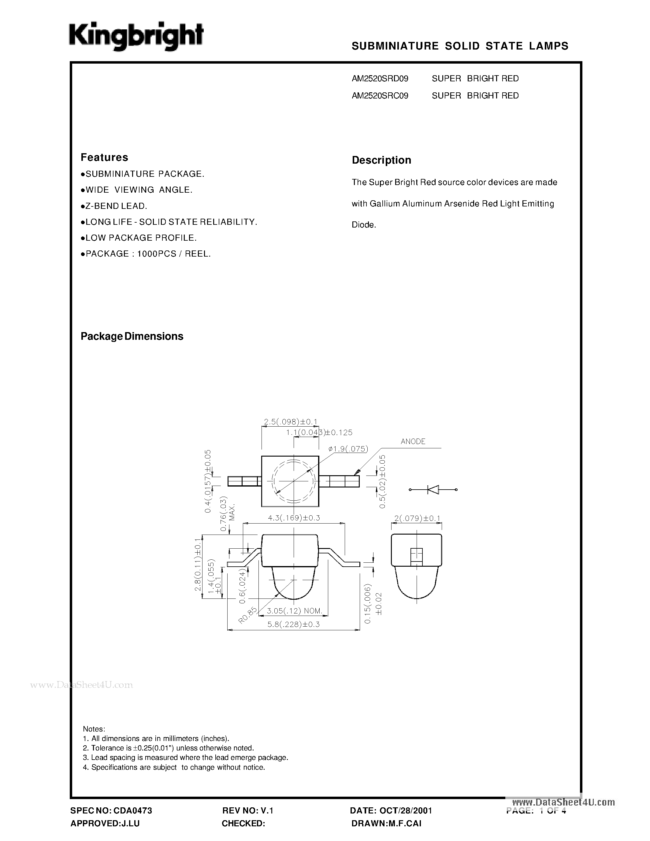 Datasheet AM2520SRC09 - SUBMINIATURE SOLID STATE LAMPS page 1