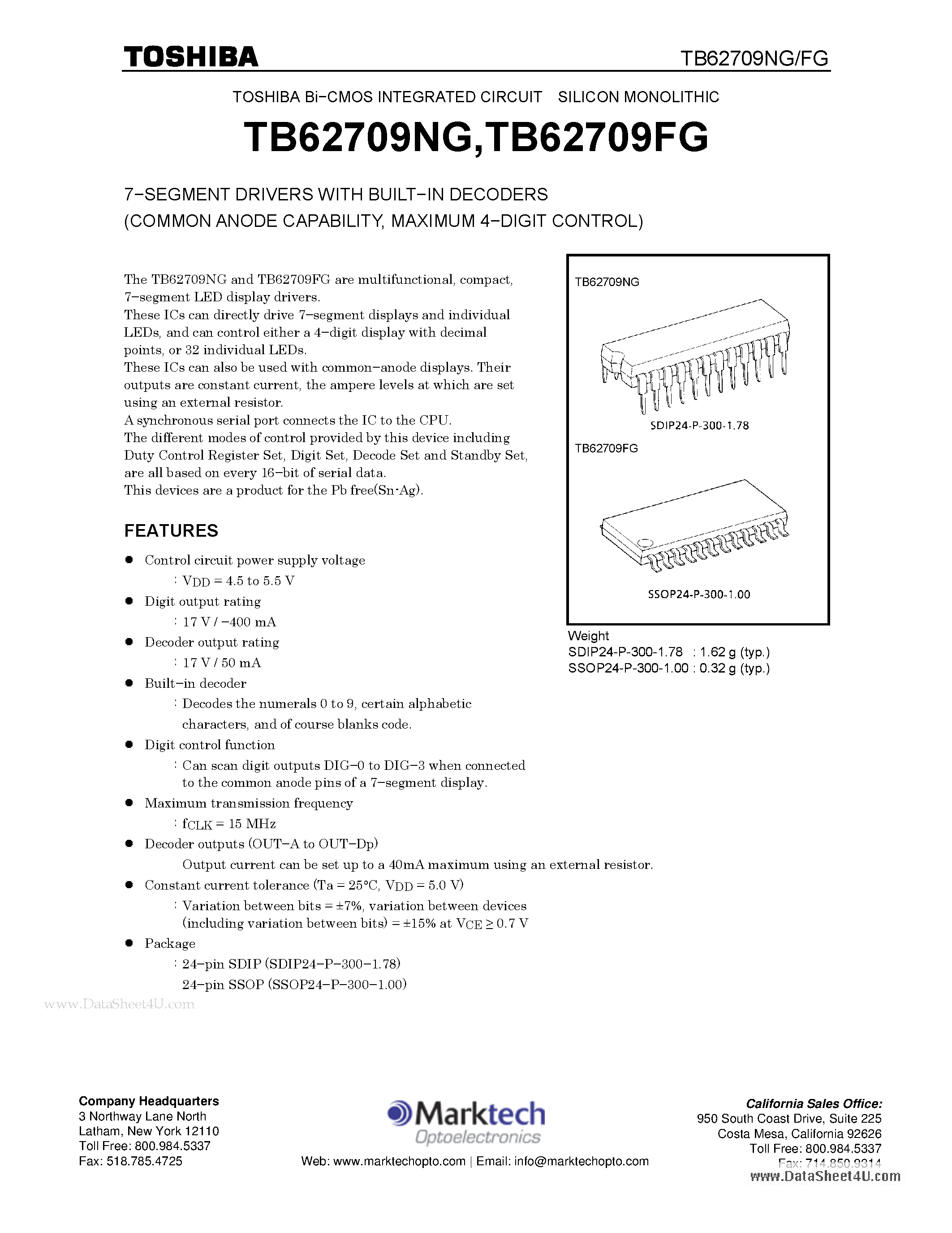 Даташит на микросхему TB62709NG страница 1 Даташит TB62709NG - 7-SEGMENT DRIVERS страница 1
