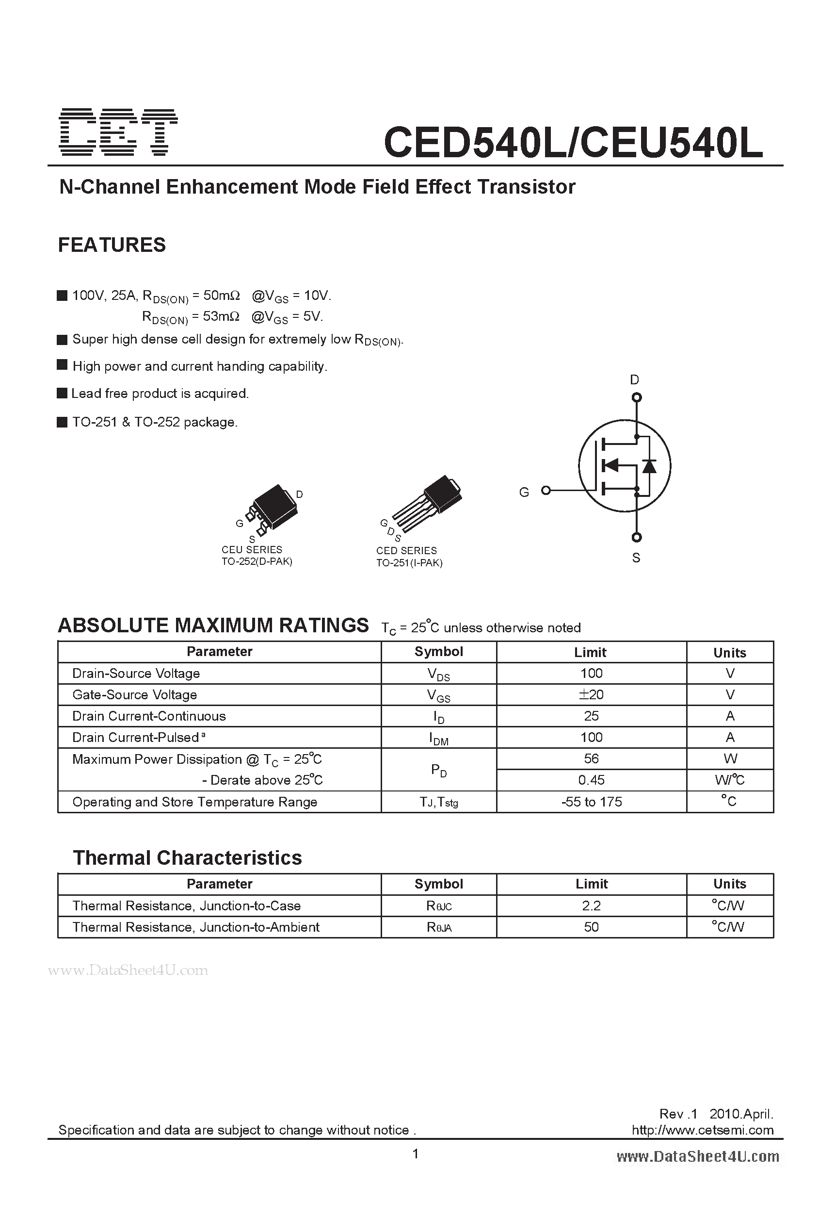 Datasheet CED540L - N-Channel Enhancement Mode Field Effect Transistor page 1