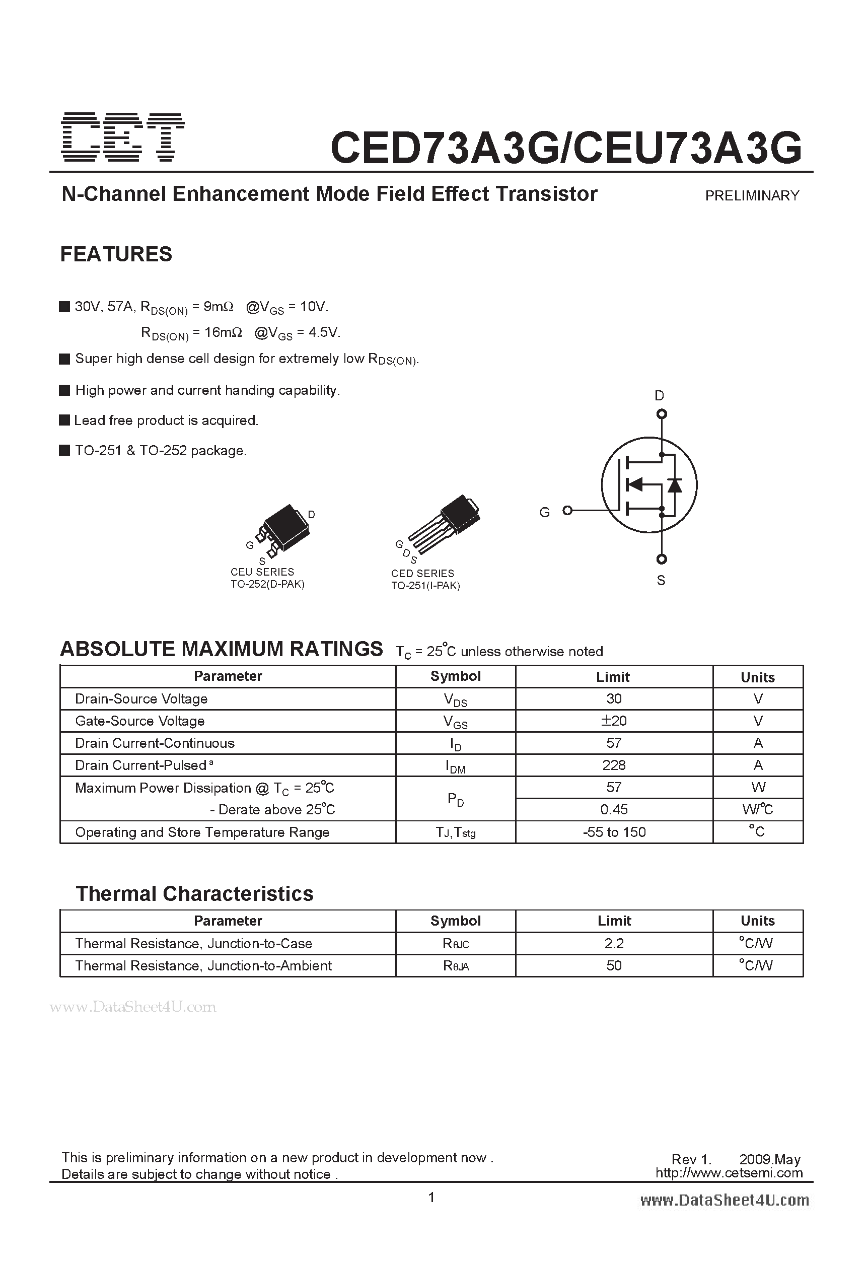 Datasheet CED73A3G - N-Channel Enhancement Mode Field Effect Transistor page 1