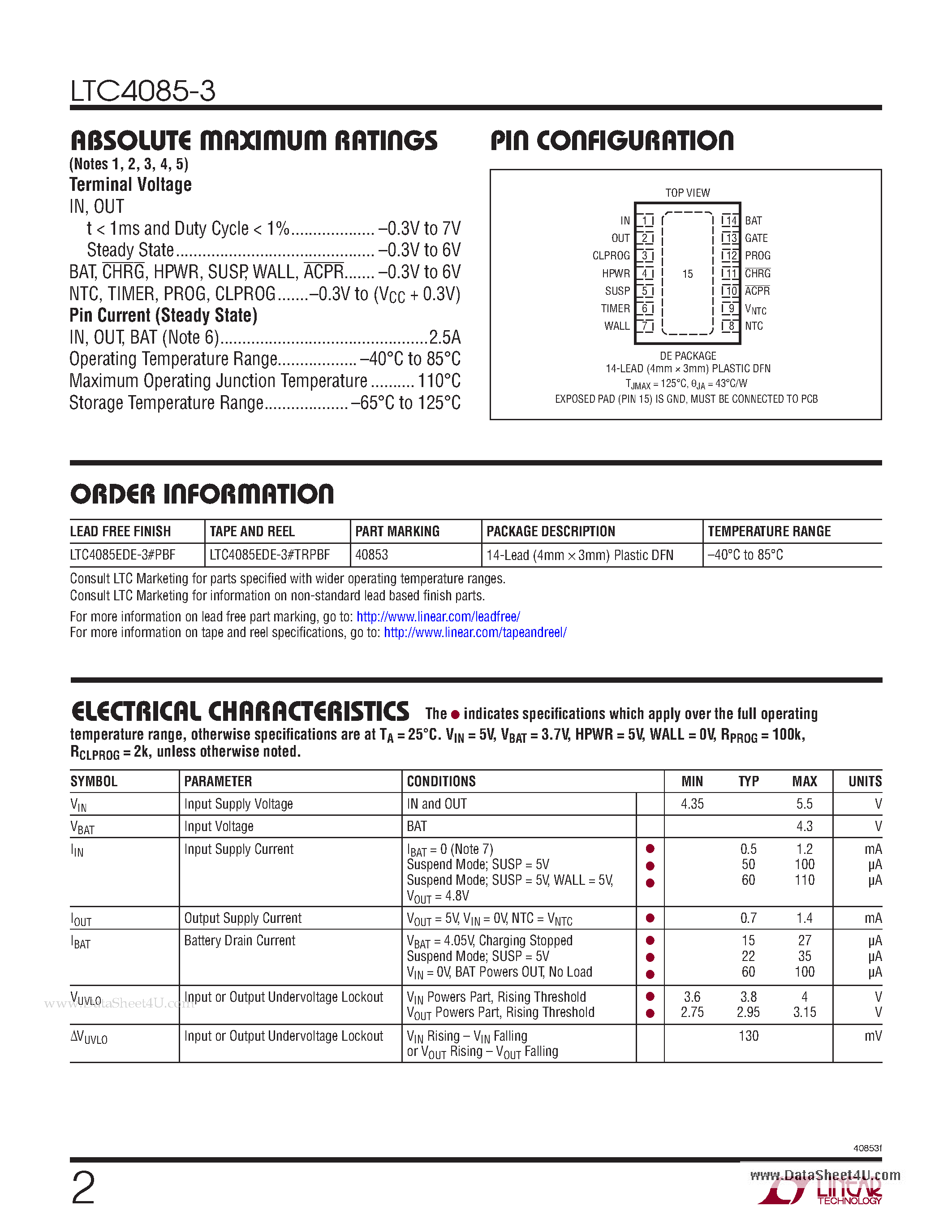 Datasheet LTC4085-3 - USB Power Manager page 2