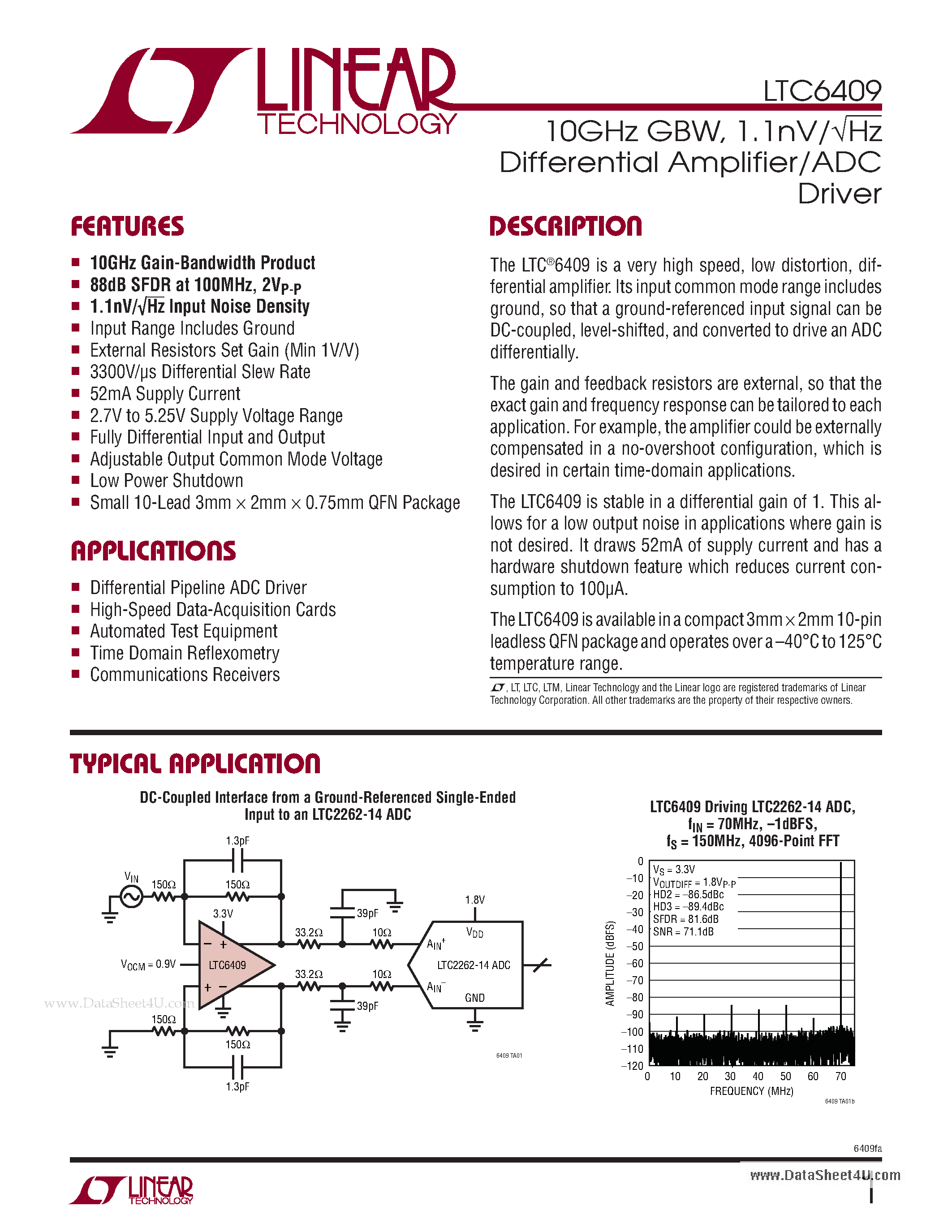 Datasheet LTC6409 - 10GHz GBW - 1.1nV/Hz Differential Amplifier/ADC Driver page 1