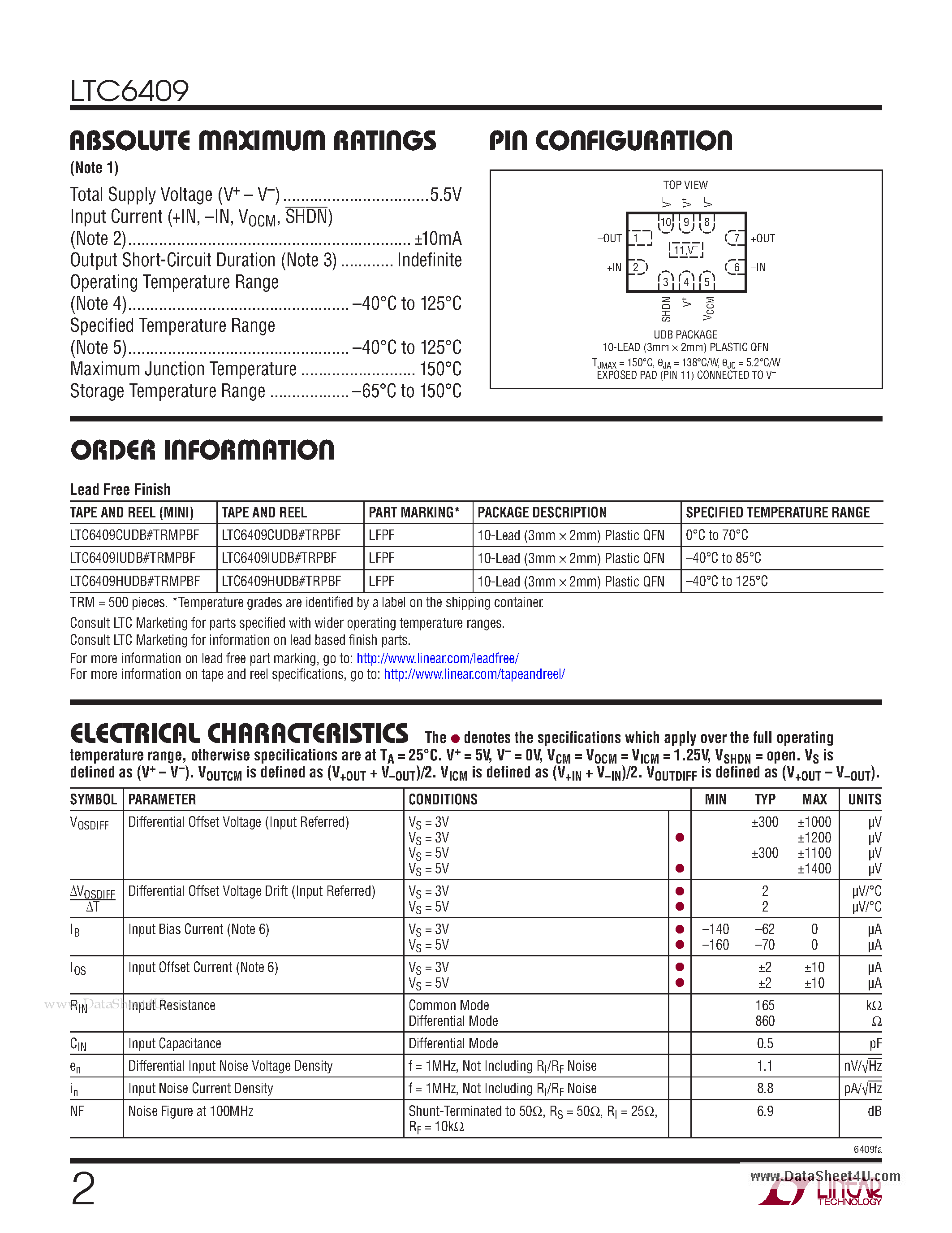 Datasheet LTC6409 - 10GHz GBW - 1.1nV/Hz Differential Amplifier/ADC Driver page 2
