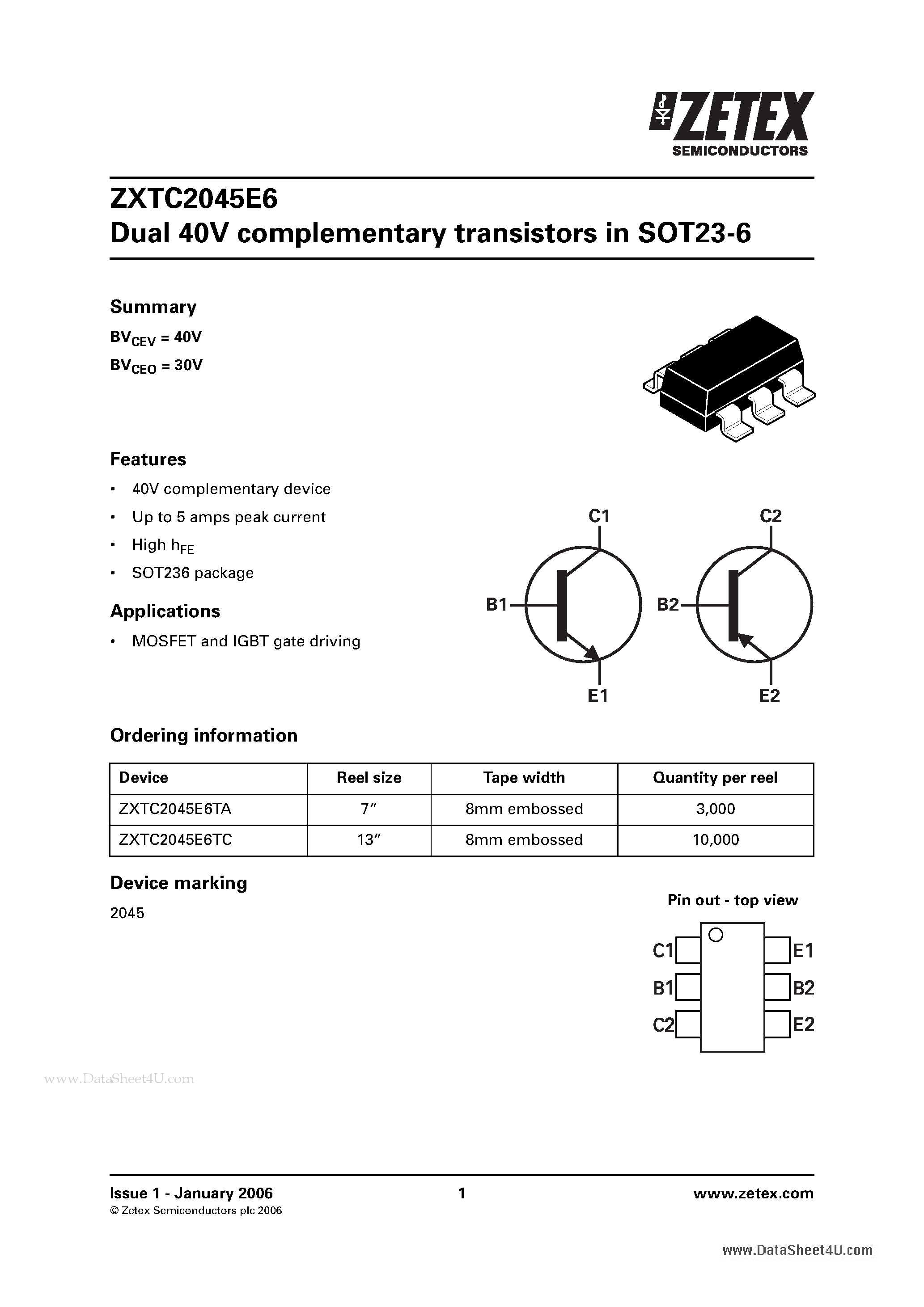 Datasheet ZXTC2045E6 page 1 Datasheet ZXTC2045E6 - Dual 40V complementary transistors page 1