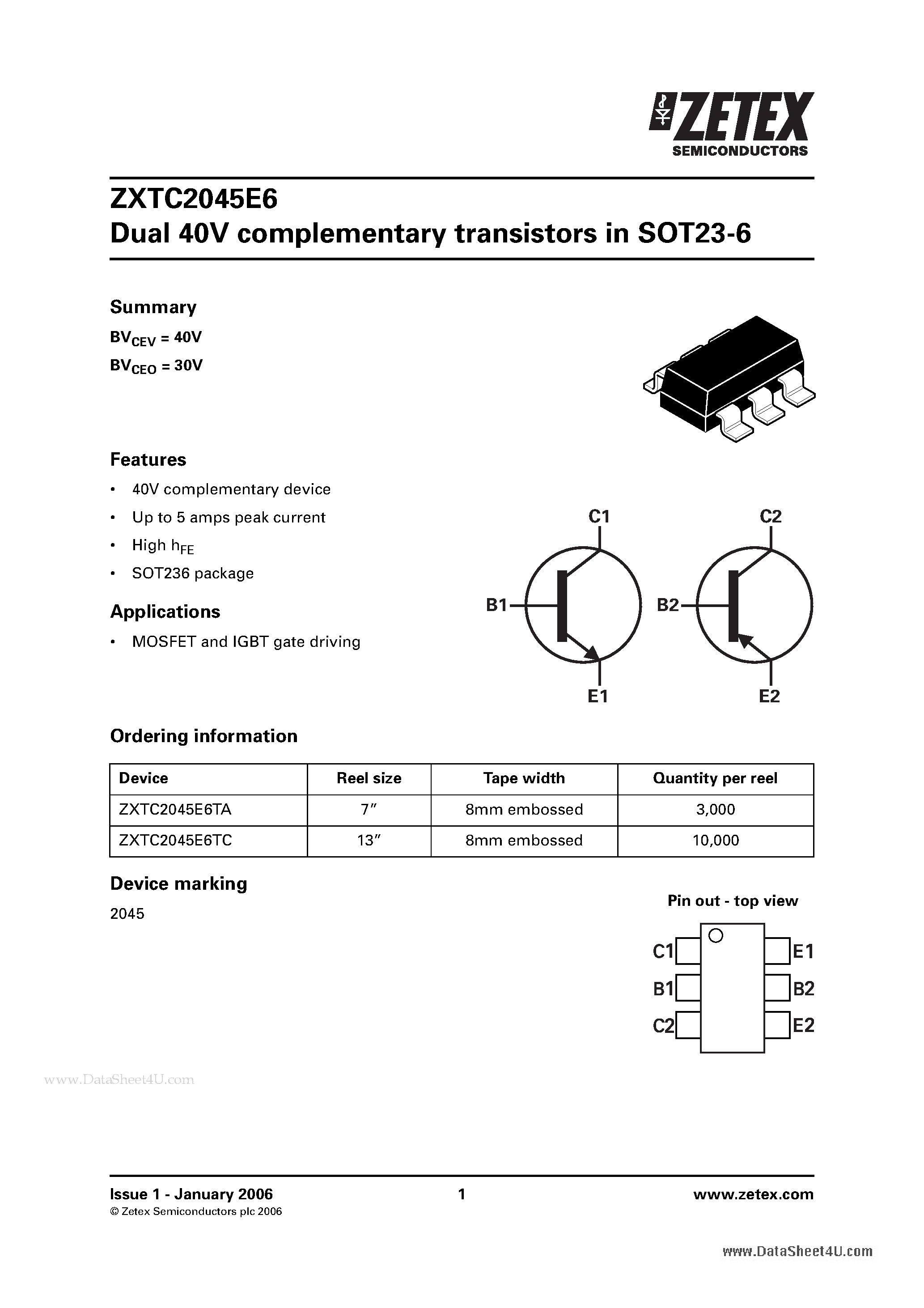 Datasheet ZXTC2045E6 - Dual 40V complementary transistors page 1