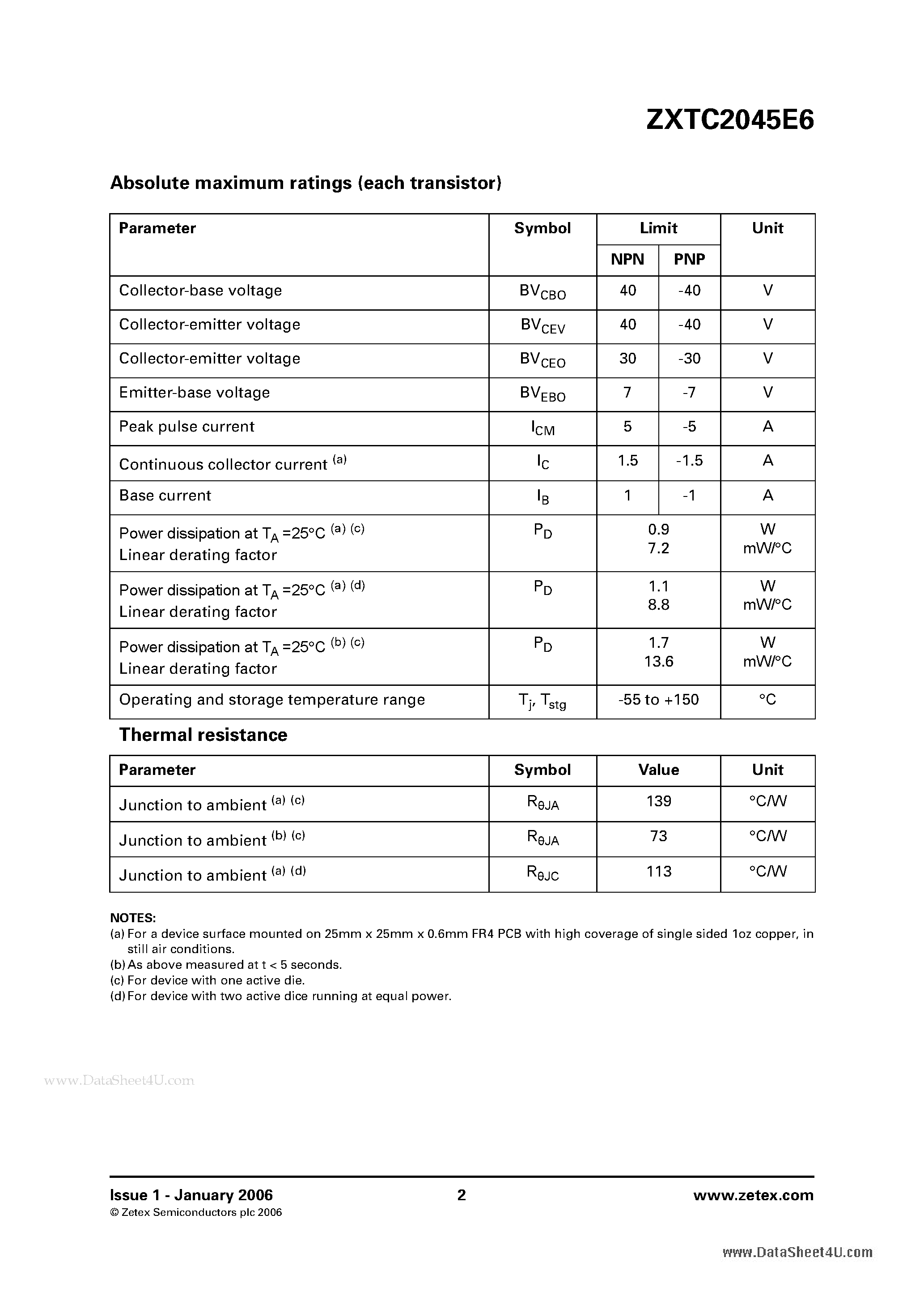Datasheet ZXTC2045E6 page 2 Datasheet ZXTC2045E6 - Dual 40V complementary transistors page 2