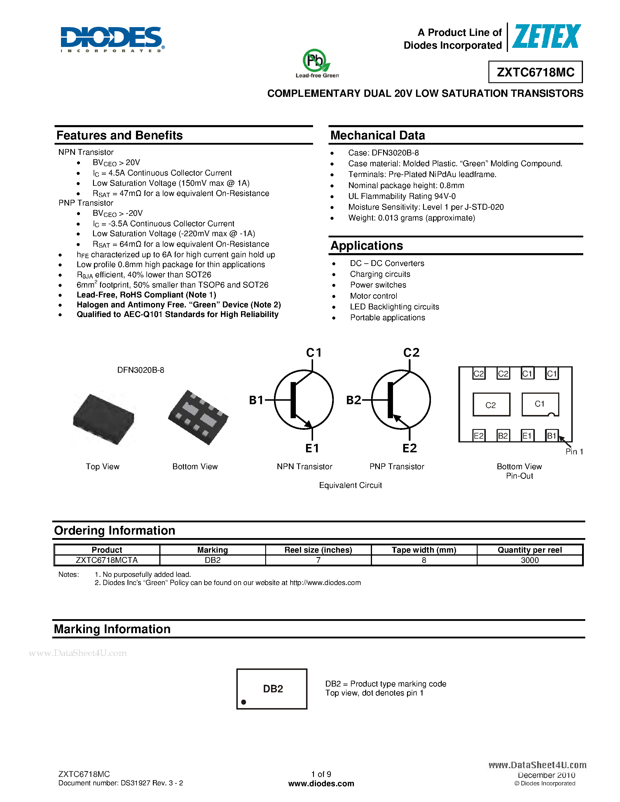 Datasheet ZXTC6718MC page 1 Datasheet ZXTC6718MC - COMPLEMENTARY DUAL 20V LOW SATURATION TRANSISTORS page 1
