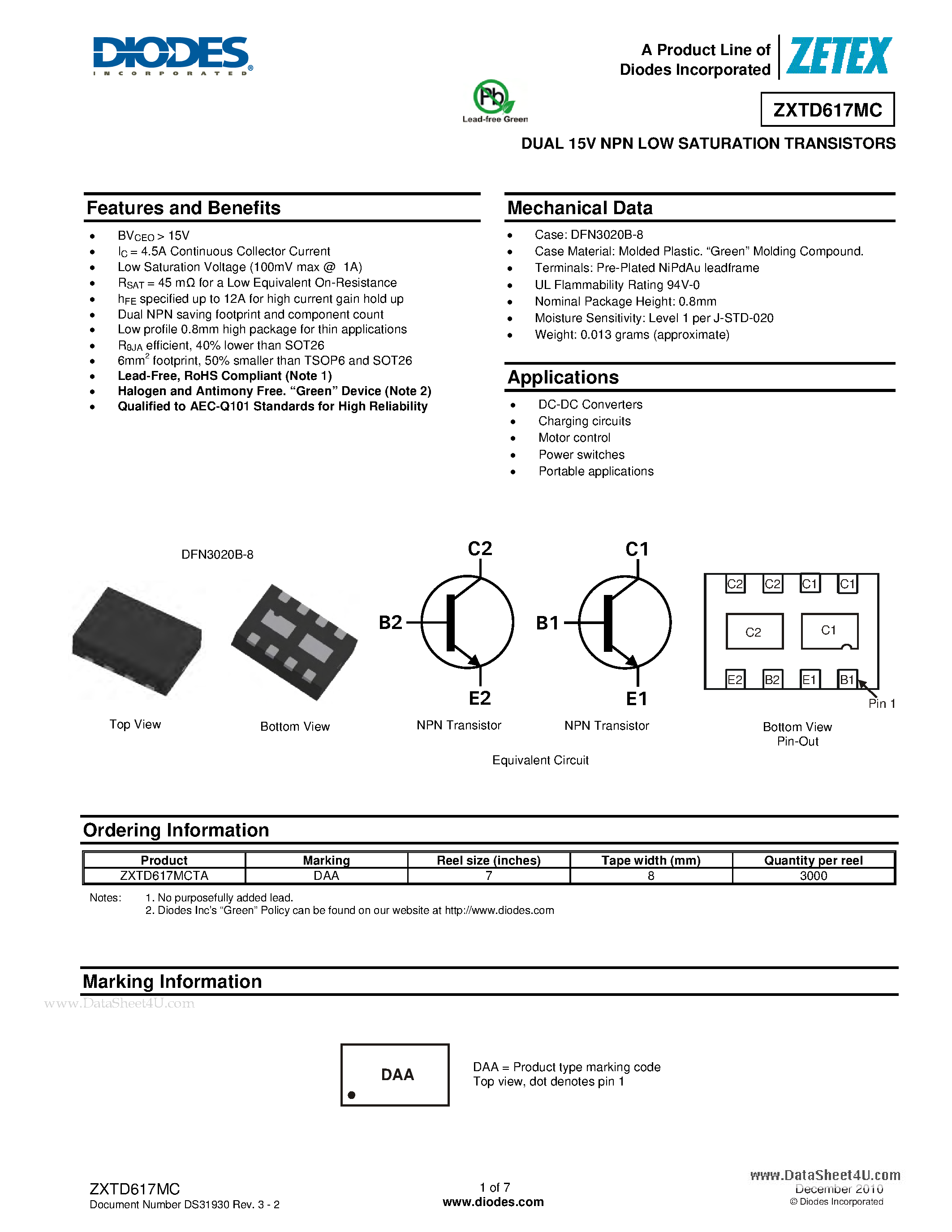 Datasheet ZXTD617MC - DUAL 15V NPN LOW SATURATION TRANSISTORS page 1