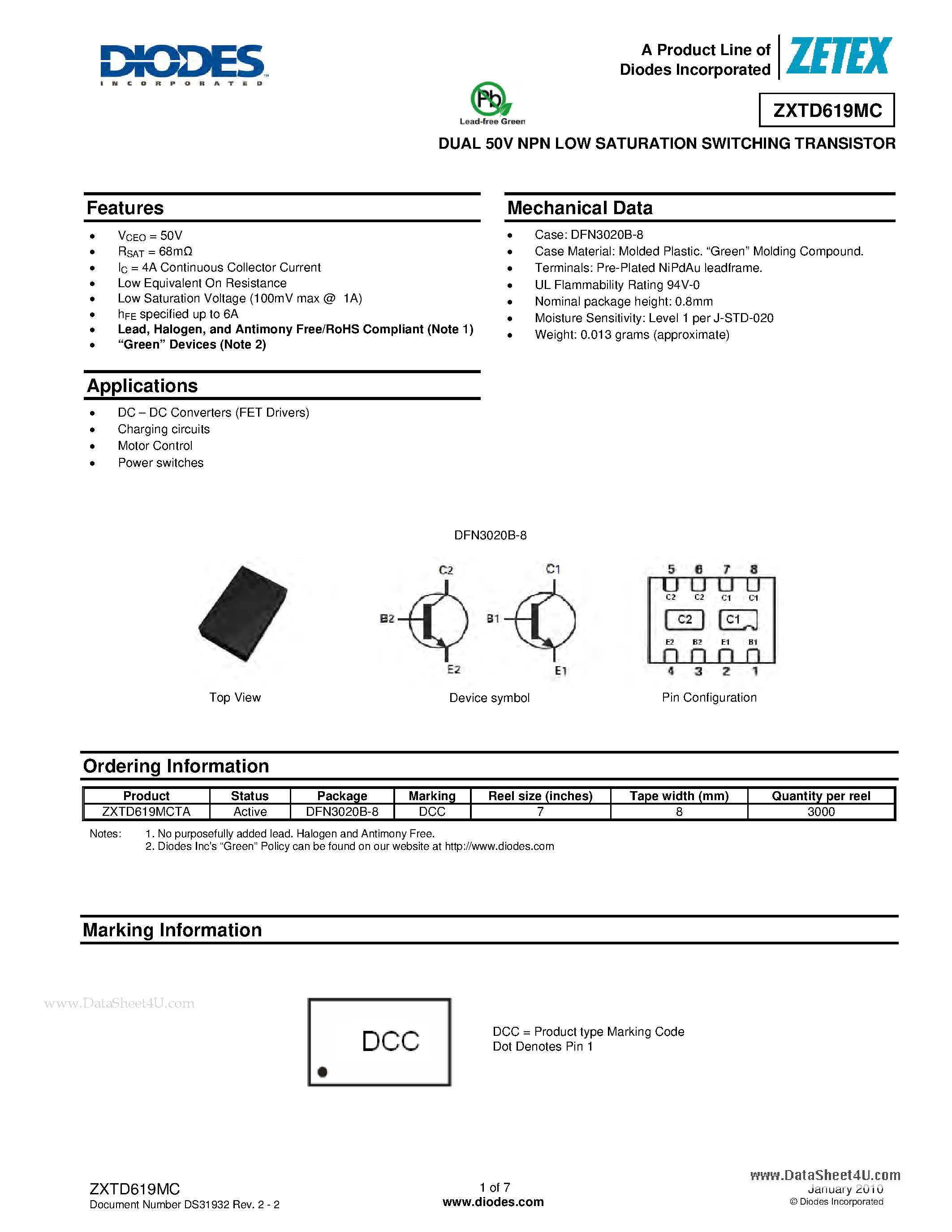 Даташит ZXTD619MC - DUAL 50V NPN LOW SATURATION SWITCHING TRANSISTOR страница 1