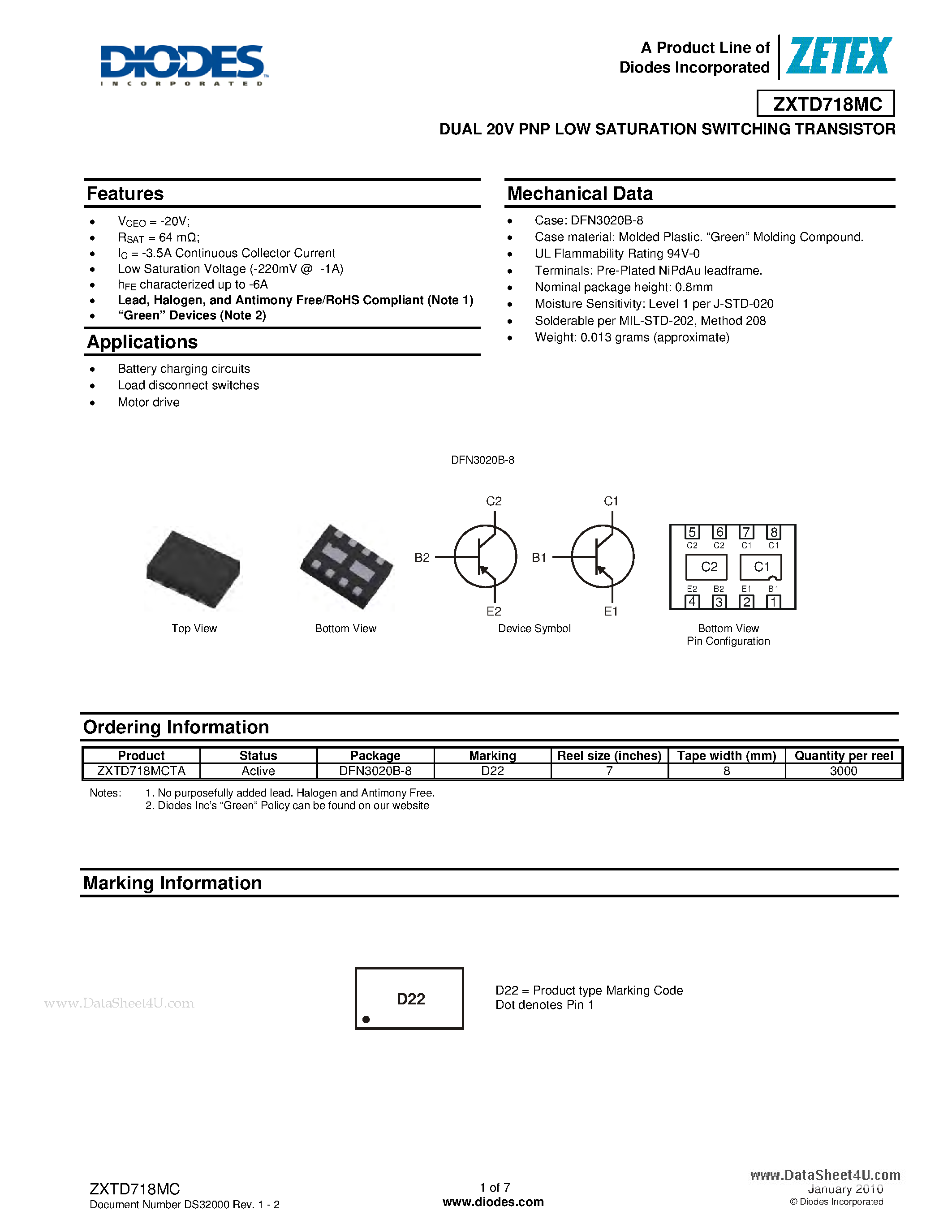 Даташит ZXTD718MC - DUAL 20V PNP LOW SATURATION SWITCHING TRANSISTOR страница 1