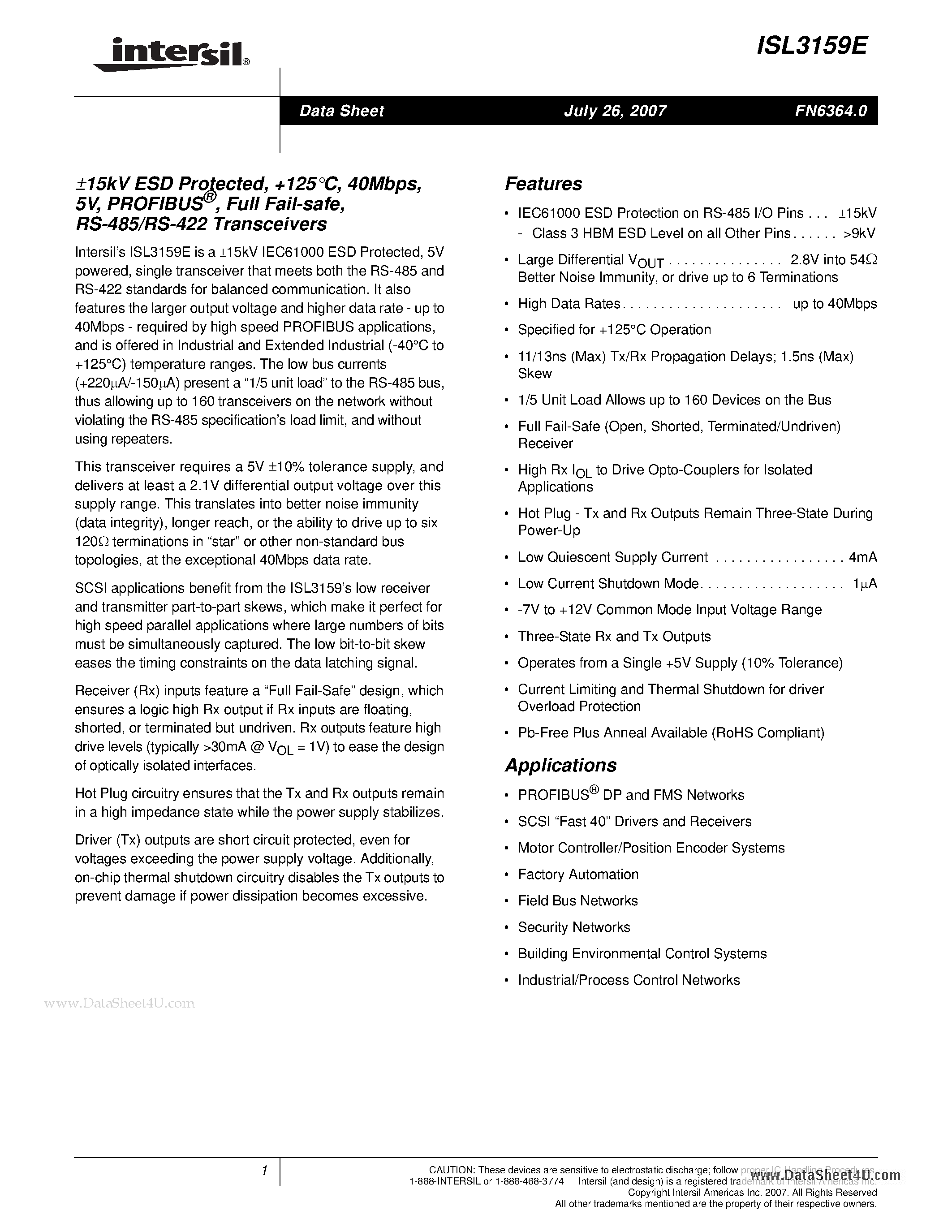 Даташит ISL3159E - +-15kV ESD Protected / 125C 40Mbps 5V - PROFIBUS / Full Fail-safe RS-485/RS-422 Transceivers страница 1
