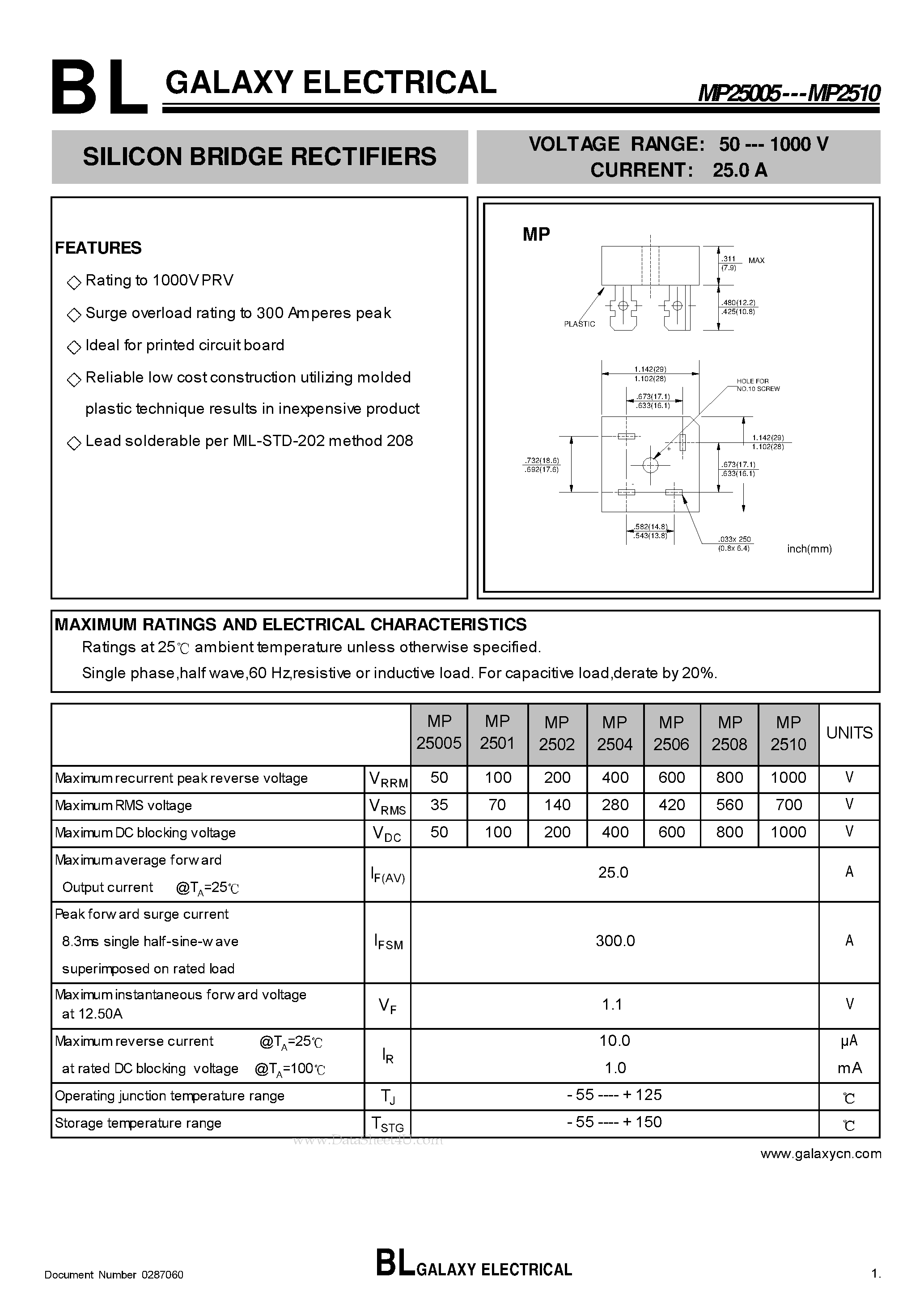 Datasheet MP25005 page 1 Datasheet MP25005 - SILICON BRIDGE RECTIFIERS page 1