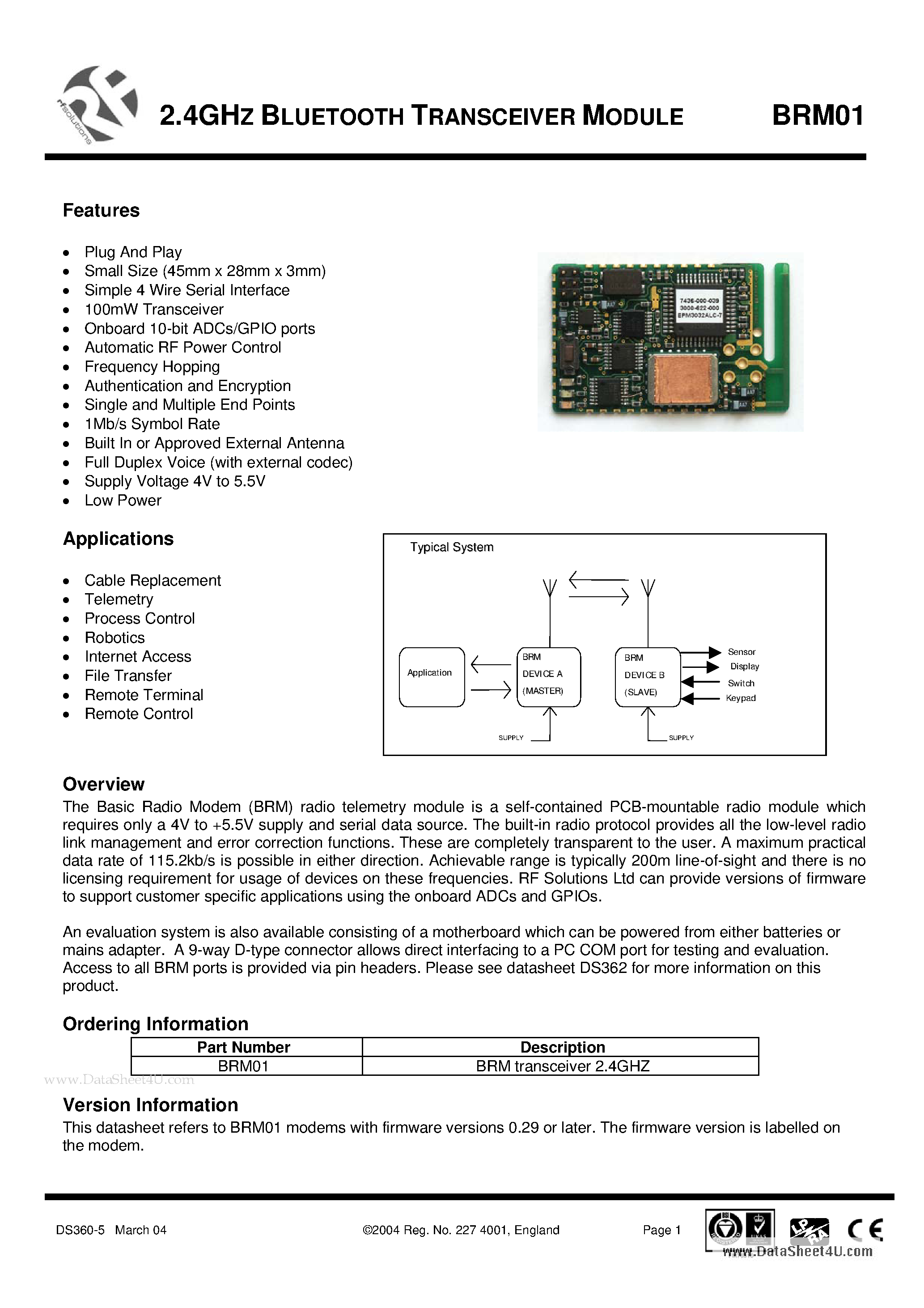 Даташит на микросхему BRM01 страница 1 Даташит BRM01 - 2.4GHZ BLUETOOTH TRANSCEIVER MODULE страница 1