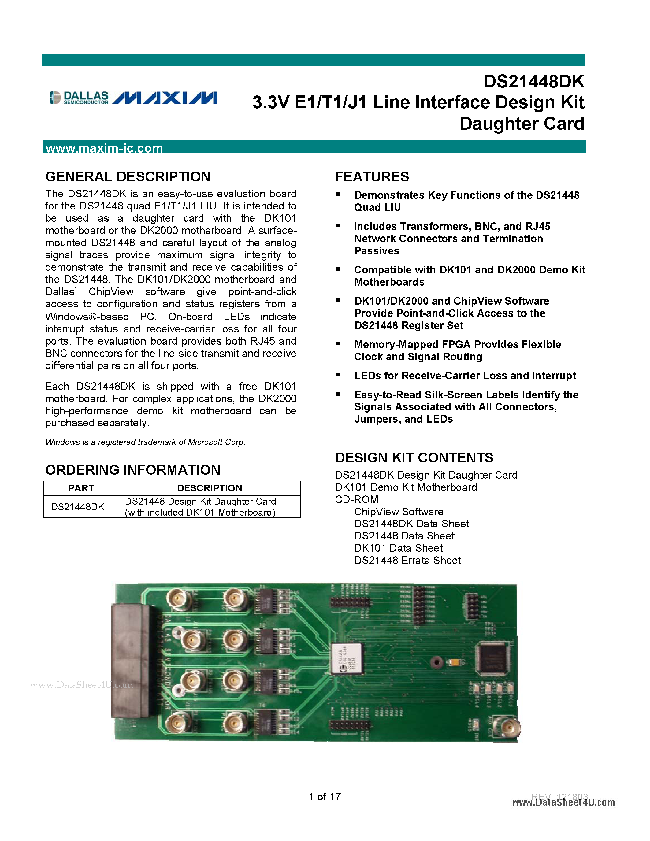 Datasheet DS21448DK page 1 Datasheet DS21448DK - 3.3V E1/T1/J1 Line Interface Design Kit Daughter Card page 1