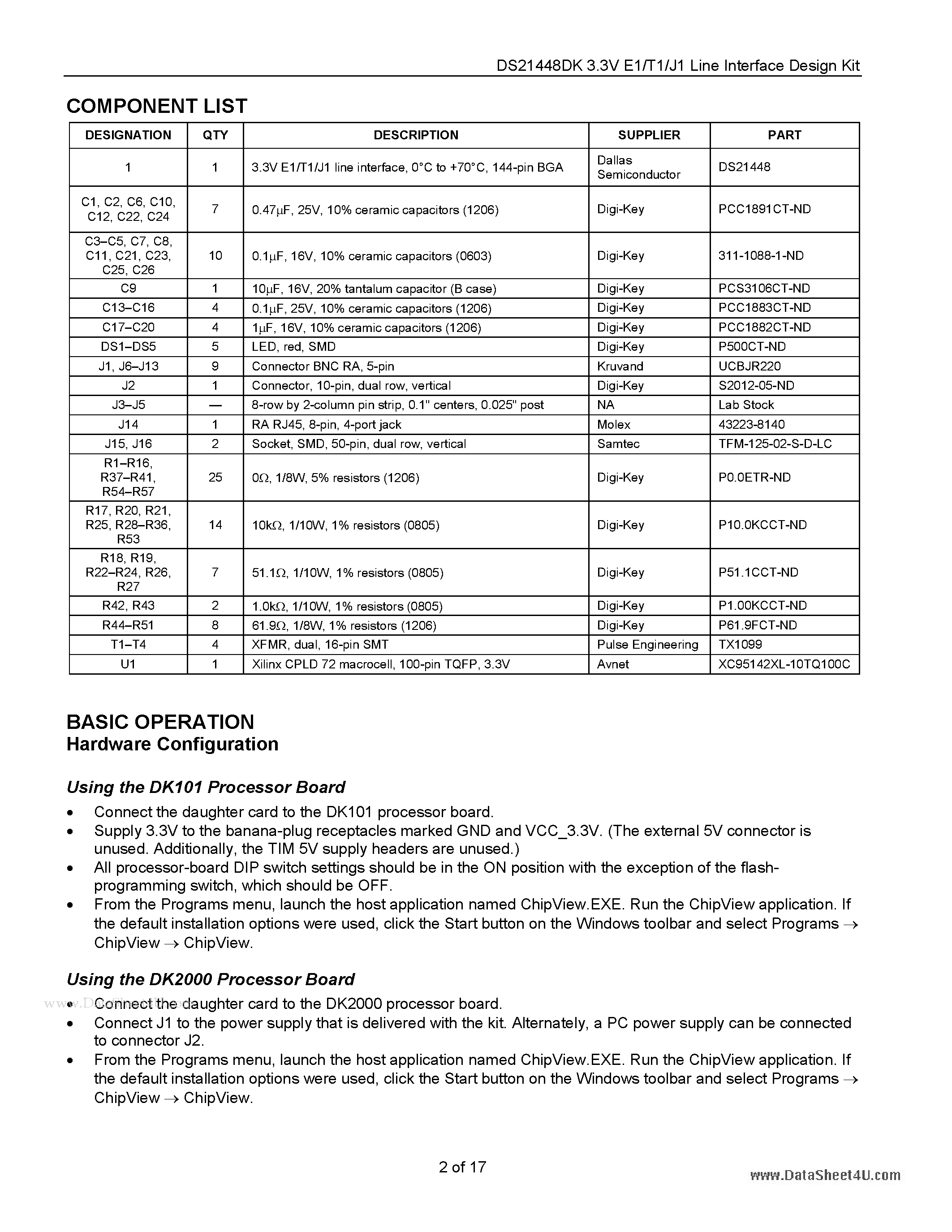 Datasheet DS21448DK page 2 Datasheet DS21448DK - 3.3V E1/T1/J1 Line Interface Design Kit Daughter Card page 2