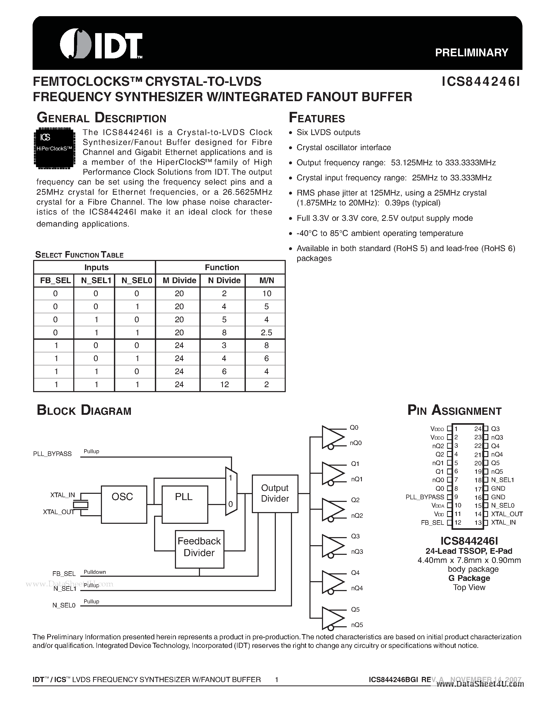 Даташит ICS844246I - FEMTOCLOCKS CRYSTAL-TO-LVDS FREQUENCY SYNTHESIZER W/INTEGRATED FANOUT BUFFER страница 1