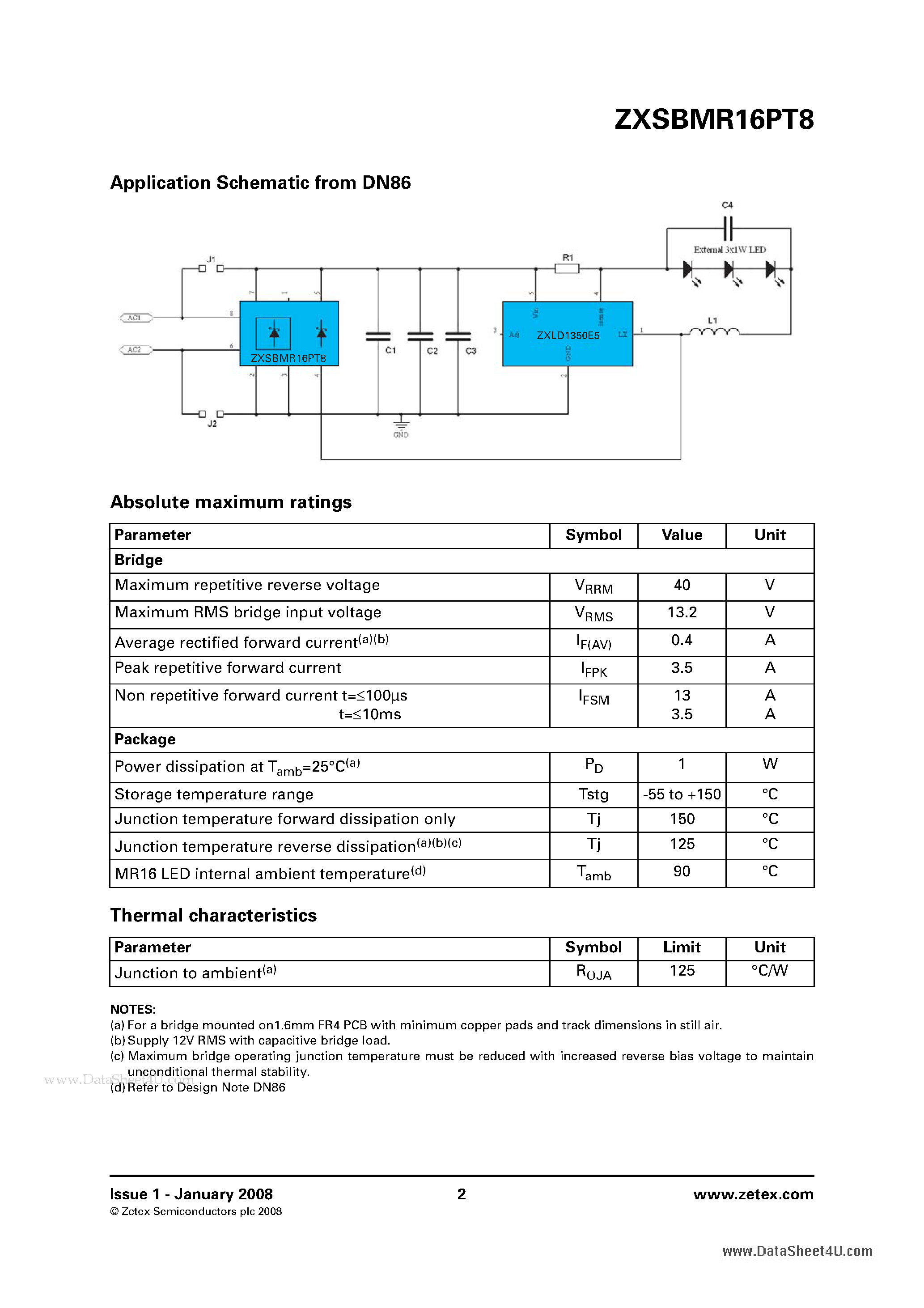 Datasheet ZXSBMR16PT8 page 2 Datasheet ZXSBMR16PT8 - MR16: Schottky bridge rectifier plus freewheel diode page 2