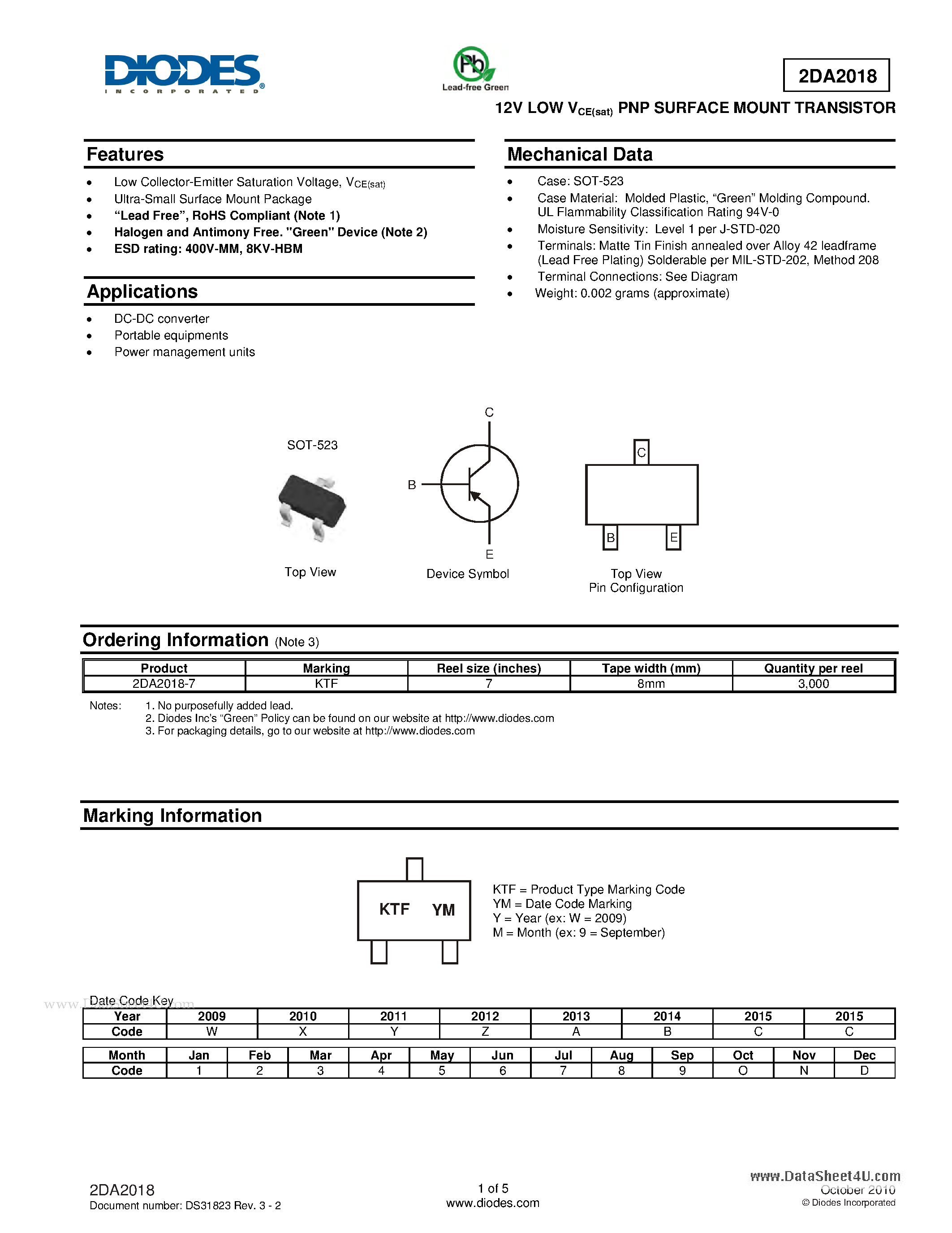 Datasheet 2DA2018 - 12V LOW VCE(sat) PNP SURFACE MOUNT TRANSISTOR page 1