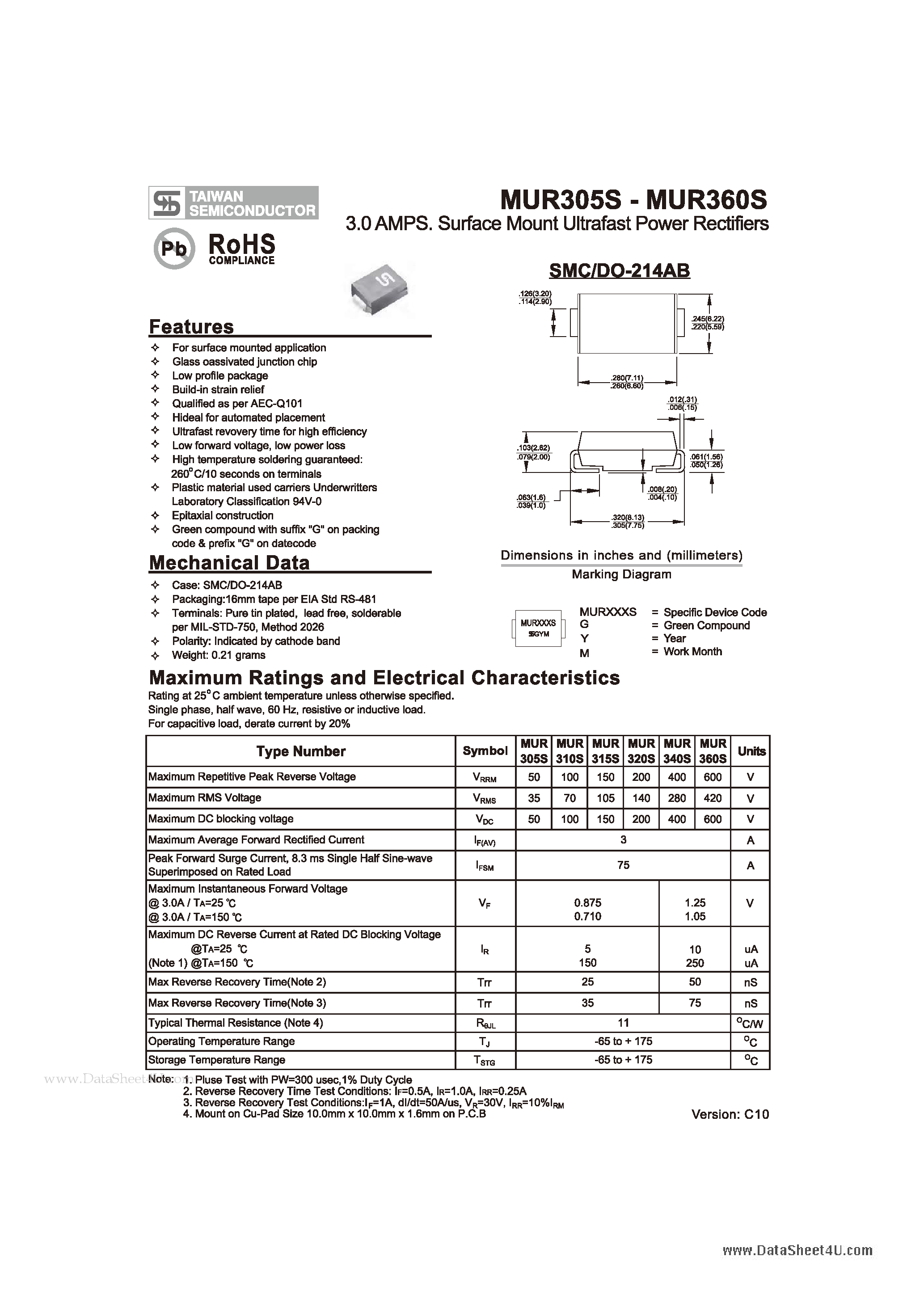 Datasheet MUR305S - 3.0 APMS. Surface mount Ultrafast Power Rectifiers page 1